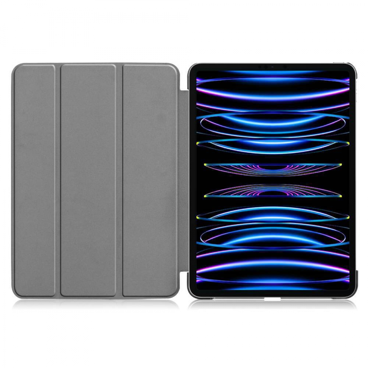 Tablet in grauem Gehäuse, Bildschirm zeigt blaue und violette Linien.