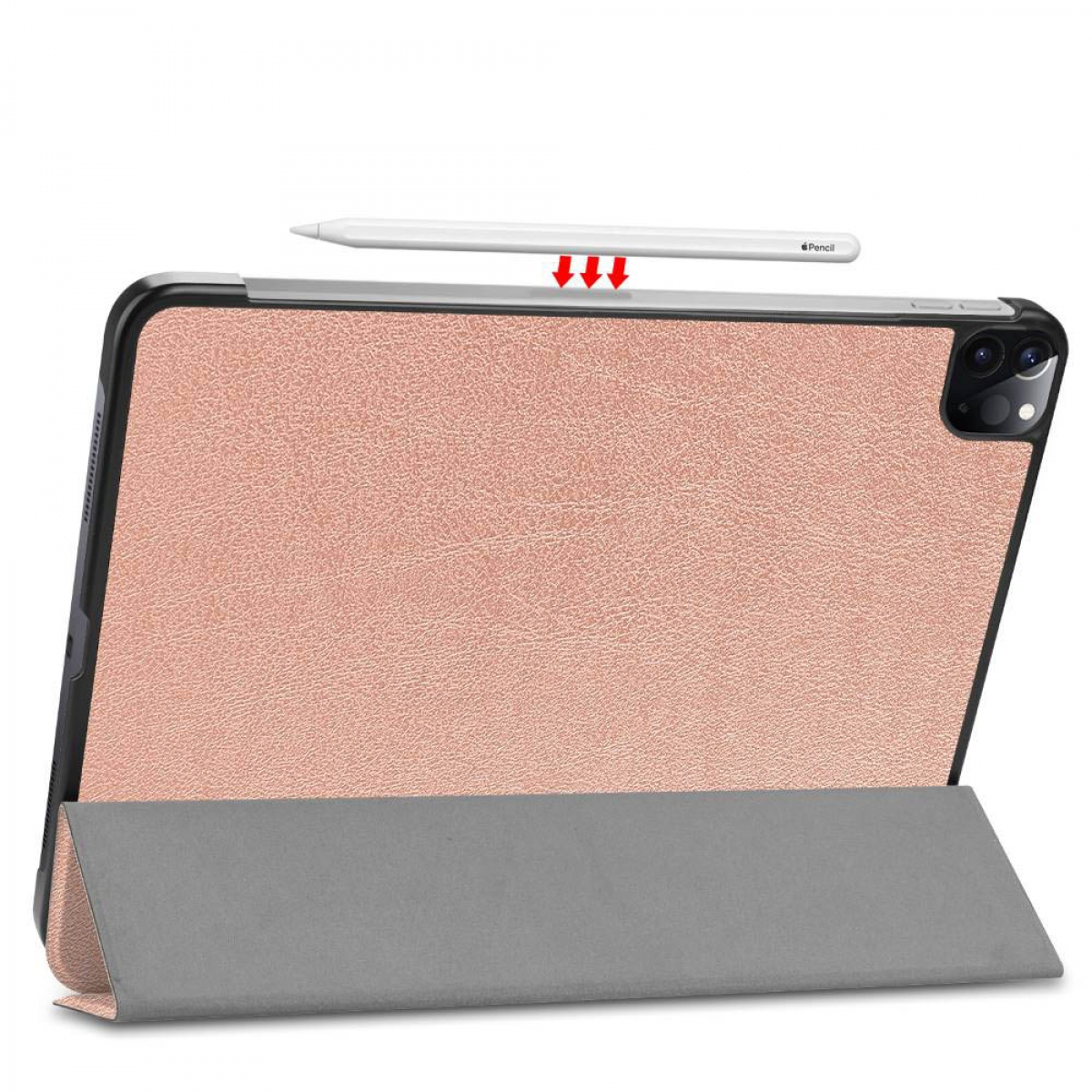 Rosa iPad-Hülle mit angebrachtem Stift, steht aufrecht auf einer Oberfläche.