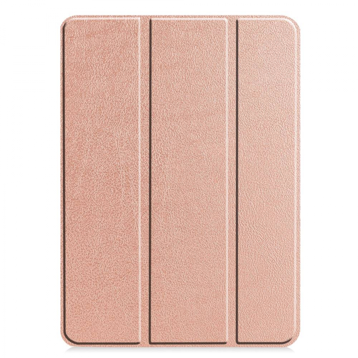 Tablethülle, roségoldfarben, mit drei vertikalen Paneelen, geschlossen.