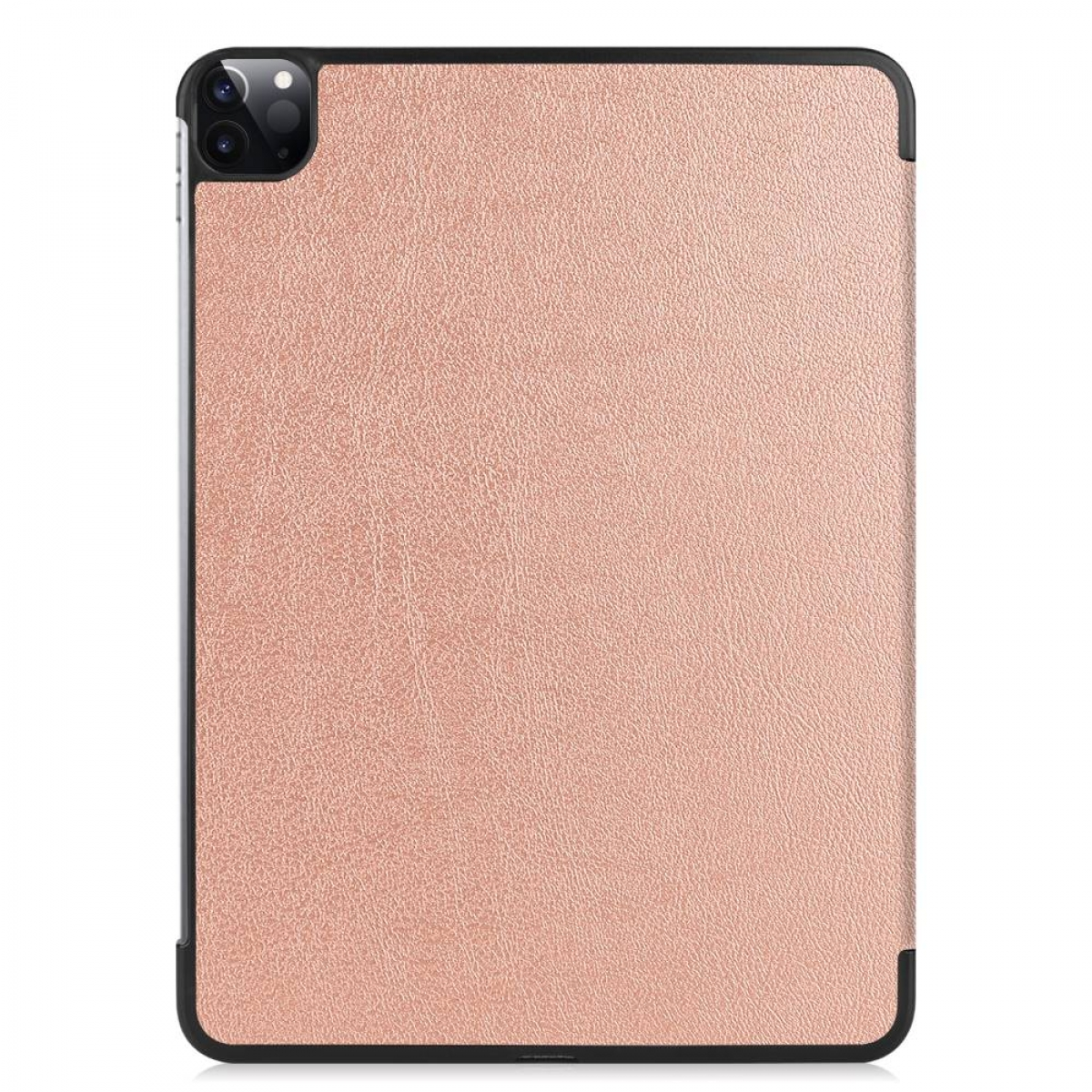 Roségoldfarbene iPad-Hülle mit schwarzem Rahmen. Glatte, strukturierte Oberfläche.