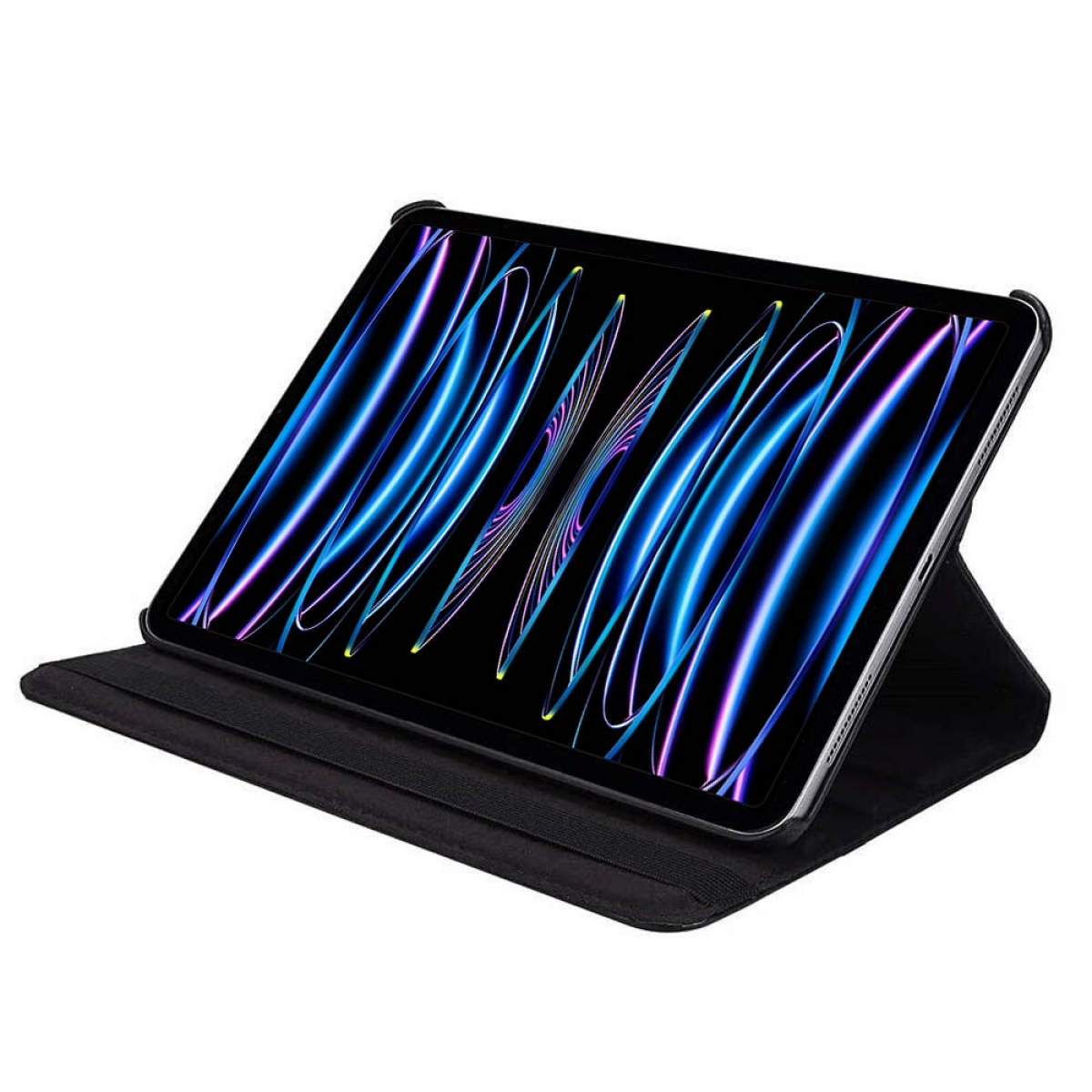Tablet in einer schwarzen Hülle, Bildschirm zeigt ein blaues und violettes abstraktes Design.