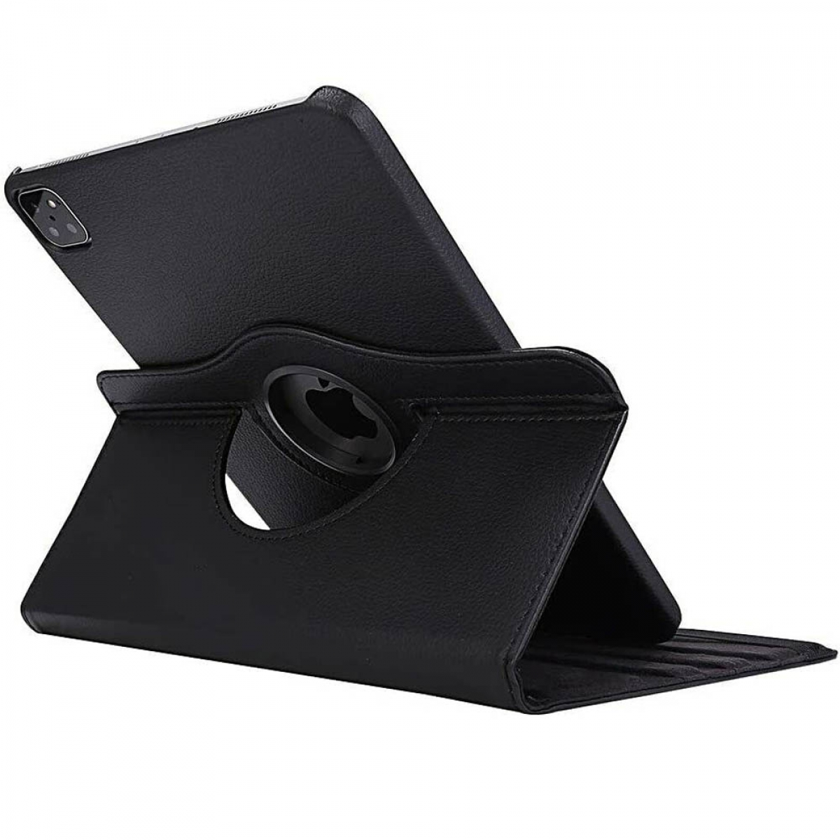 Schwarze Tablet-Hülle, offen und abgewinkelt, zeigt ein Tablet. Die Hülle dreht sich.