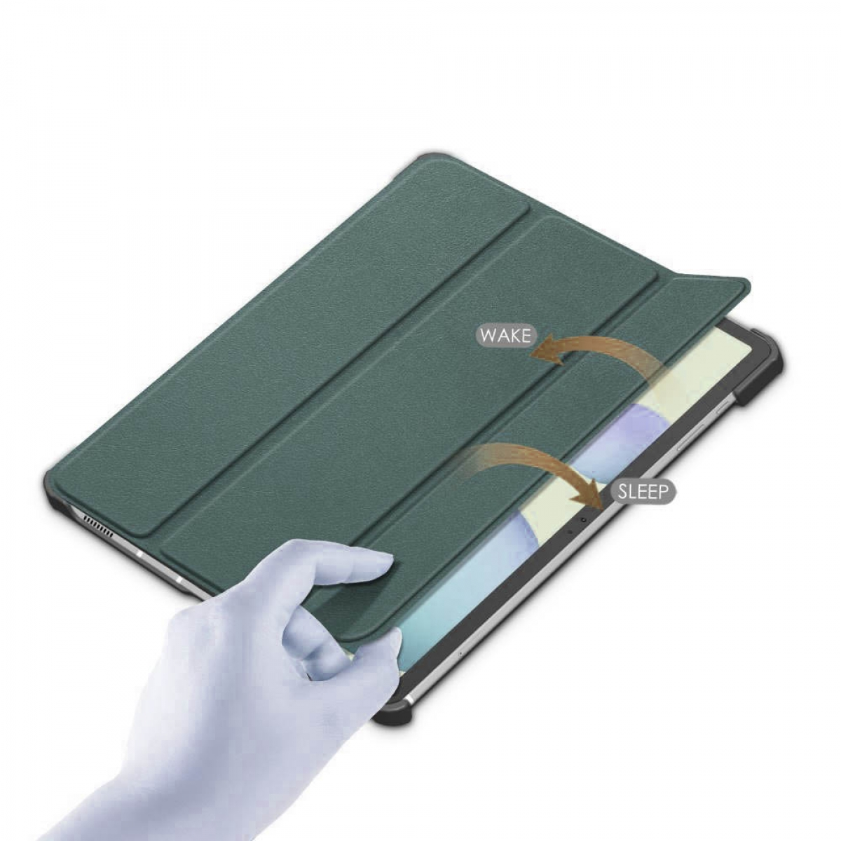 Tablet in einer dunkelgrünen Hülle, die geöffnet wird und den Bildschirm zeigt.