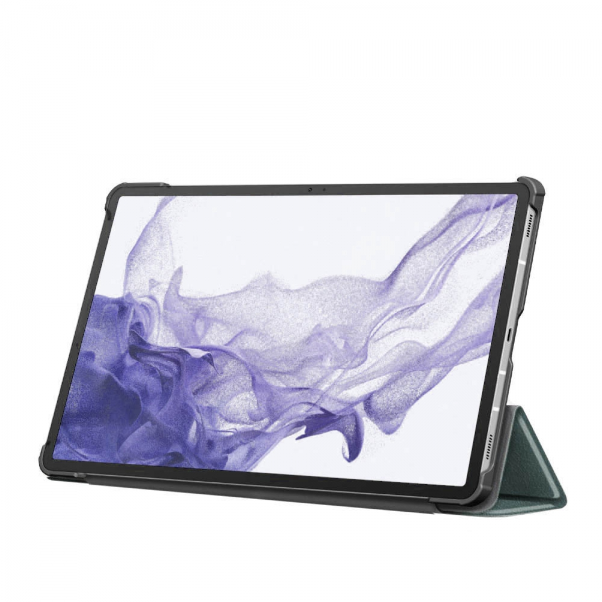 Tablet mit Bildschirm, der lila abstrakte Kunst zeigt, in schwarzem Gehäuse mit grünem Ständer.