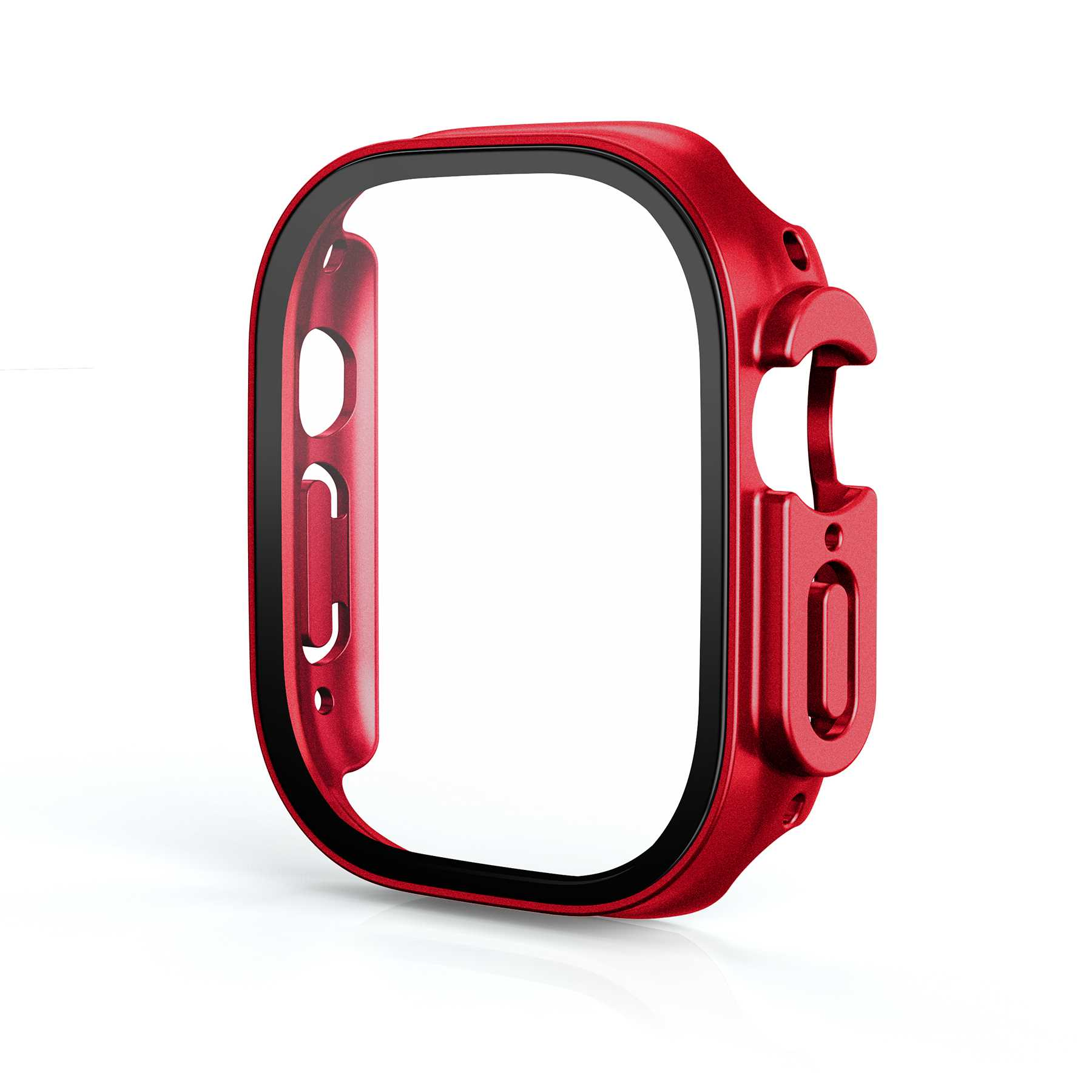 Eine rote Uhrenhülle für eine Apple Watch. Sie hat einen schwarzen Rahmen um den Bildschirm.