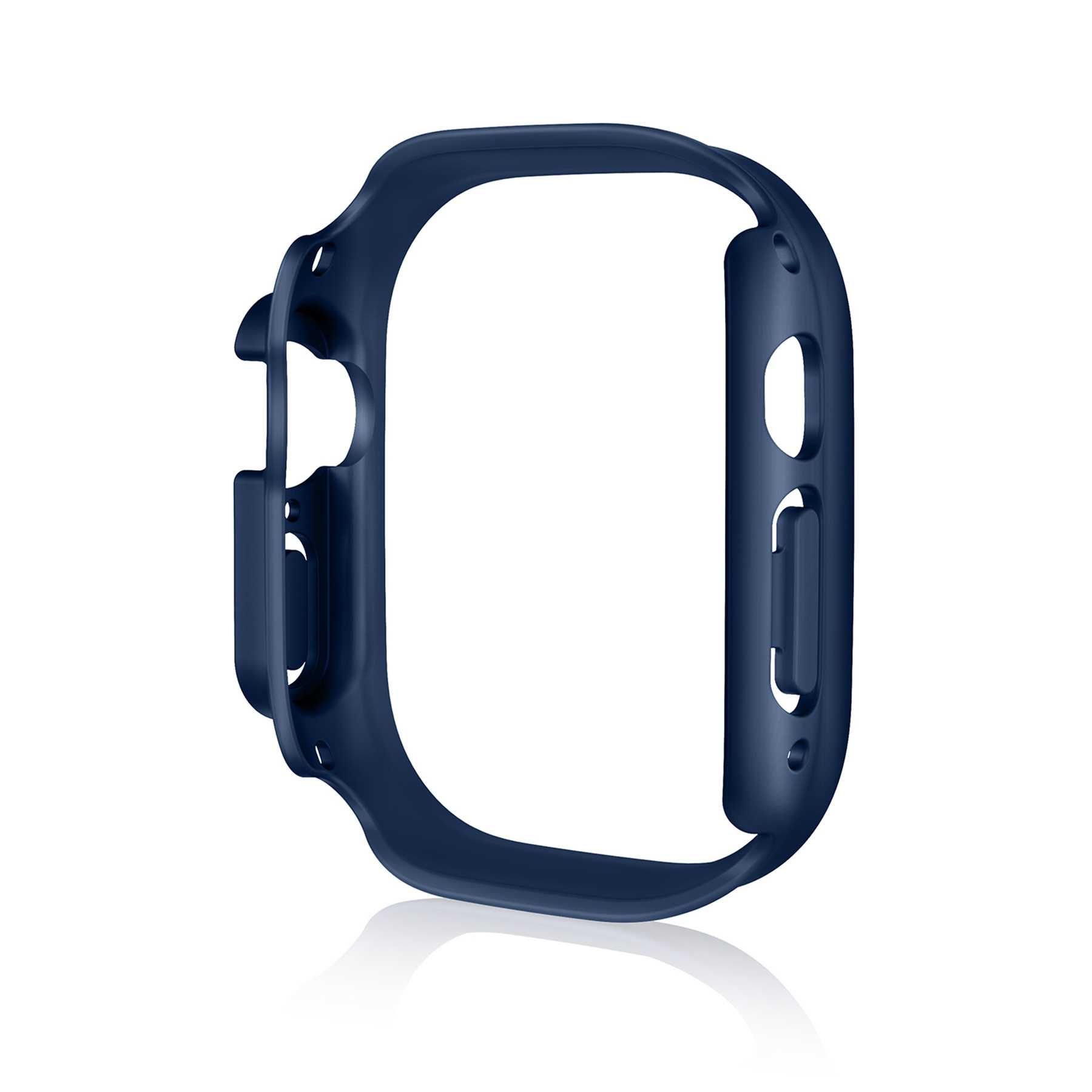 Eine marineblaue Apple Watch Schutzhülle. Es hat eine rahmenartige Form mit Aussparungen für die Uhr.