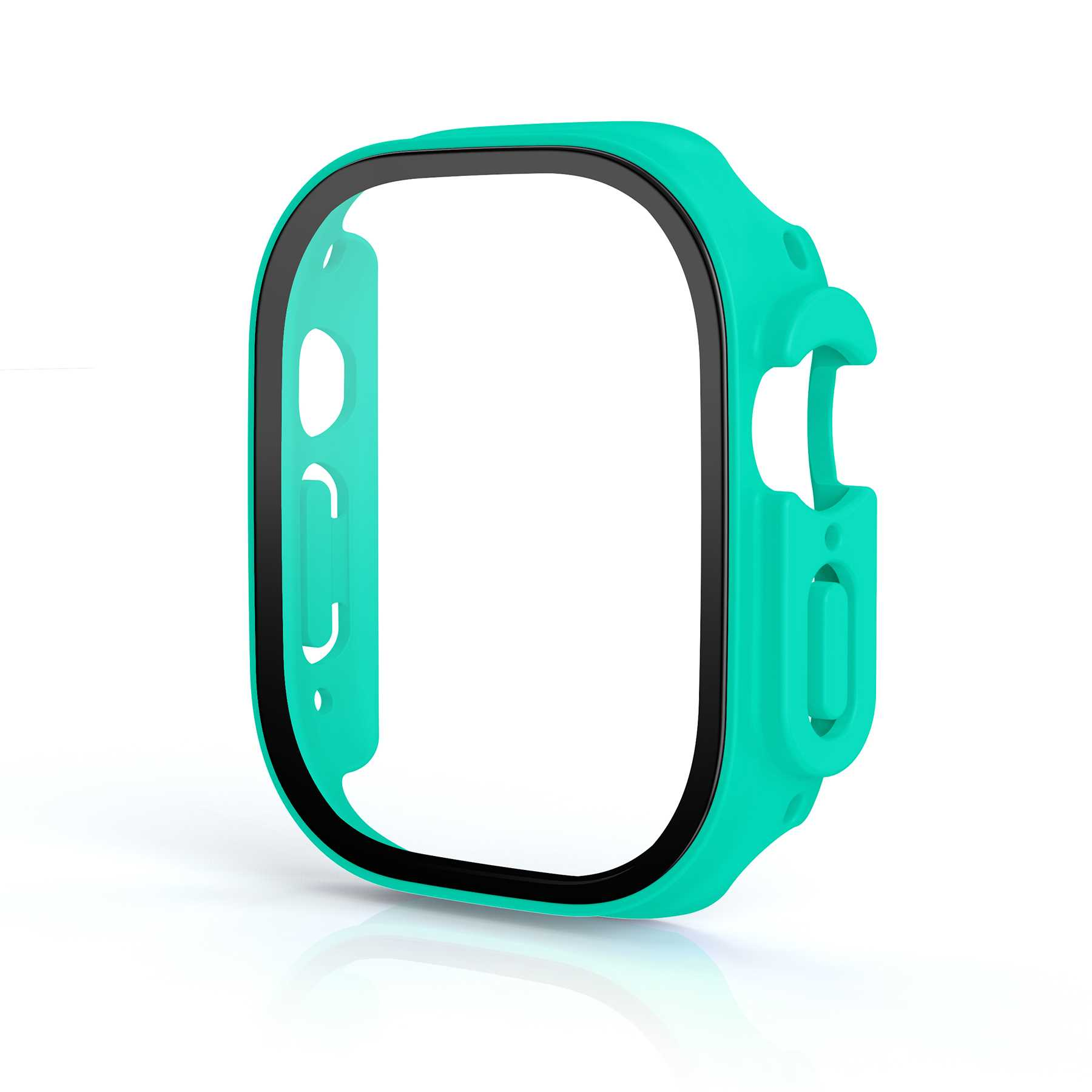 Türkisfarbene Smartwatch-Hülle. Sie hat ein geschwungenes Design und einen schwarzen Rahmen.