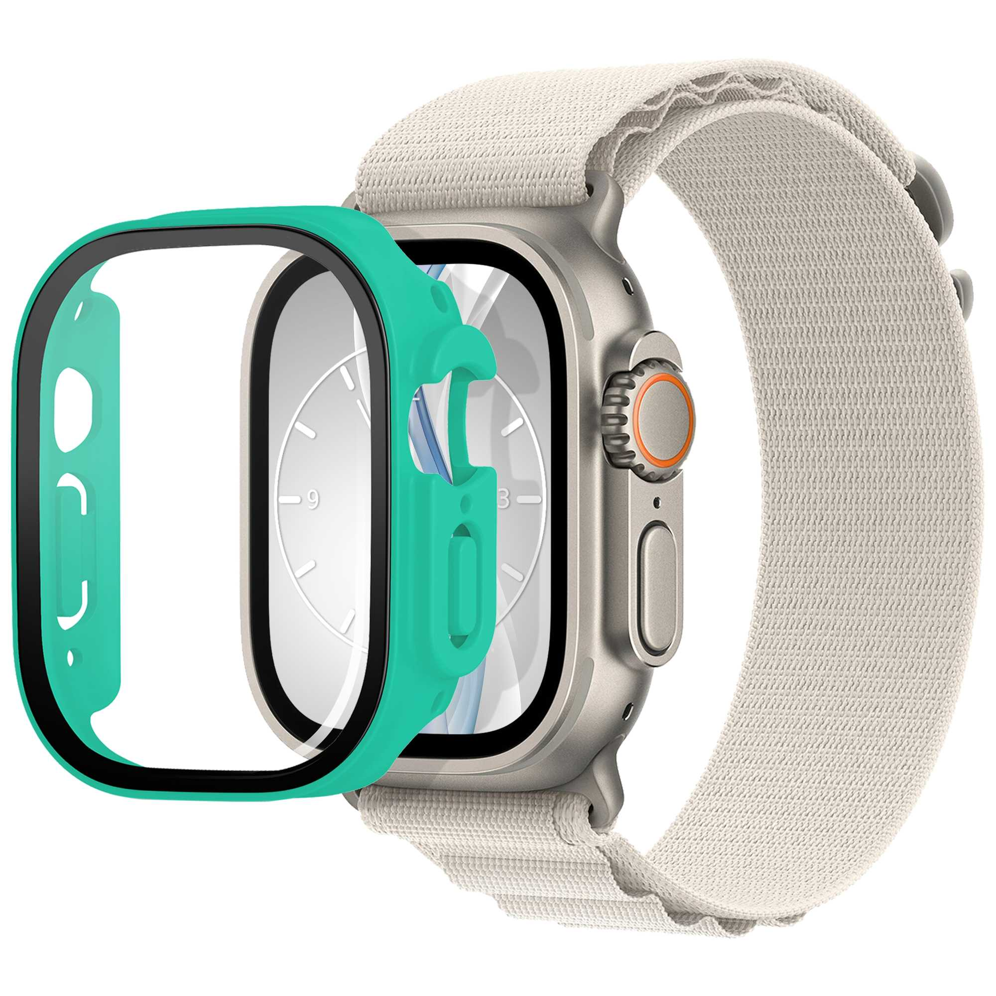 Smartwatch mit grüner Hülle. Die Uhr hat ein beiges Armband und einen Displayschutz.