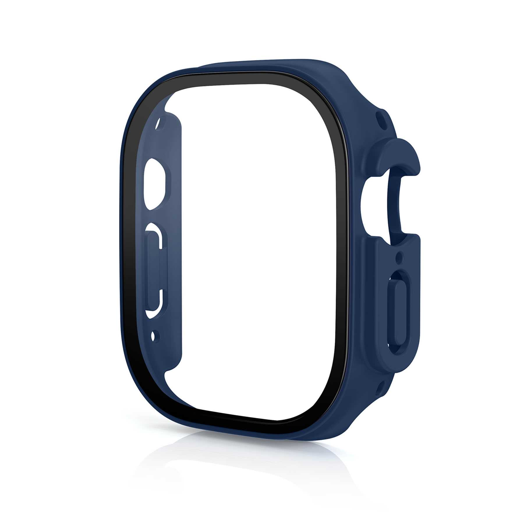 Dunkelblaues Apple Watch Ultra Gehäuse. Schützt die Uhr, mit schwarzer Lünette und Aussparungen.