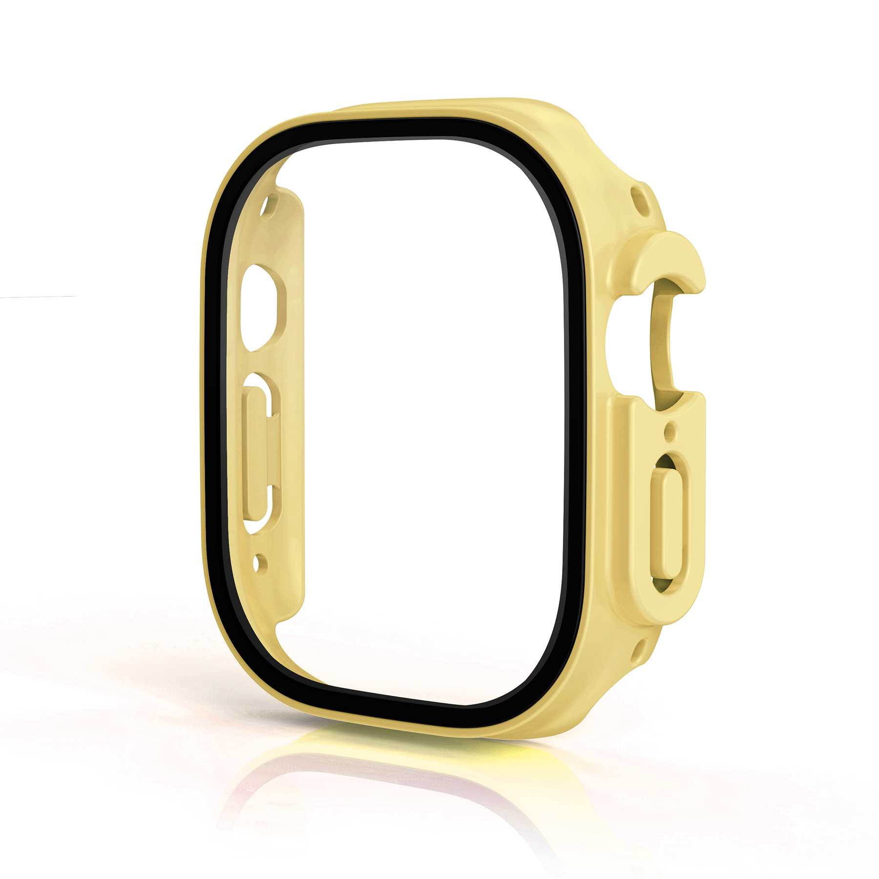 Gelbes Uhrengehäuse. Schwarzer Rand. Schutzhülle für eine Smartwatch.