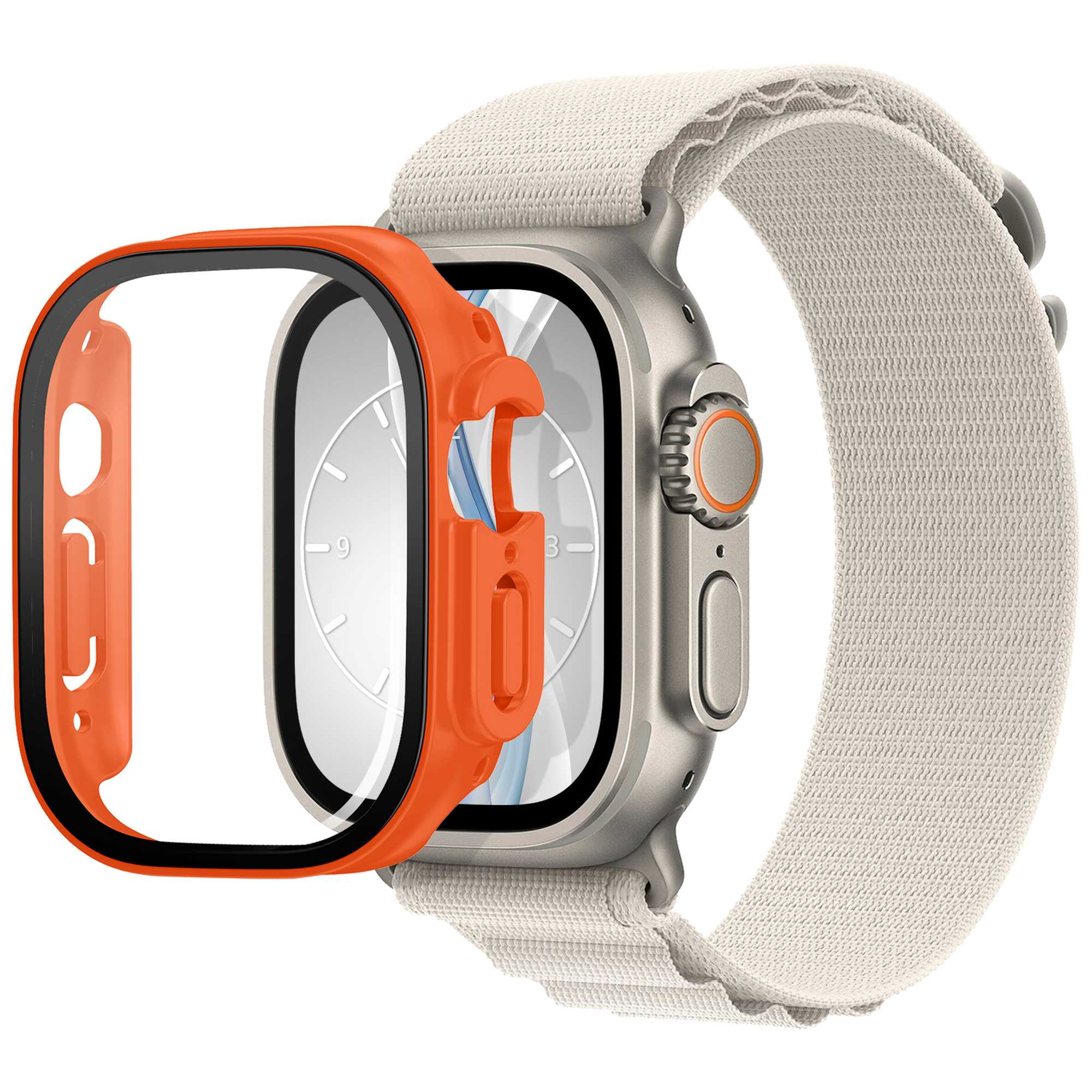 Smartwatch mit Displayschutz und cremefarbenem Armband.