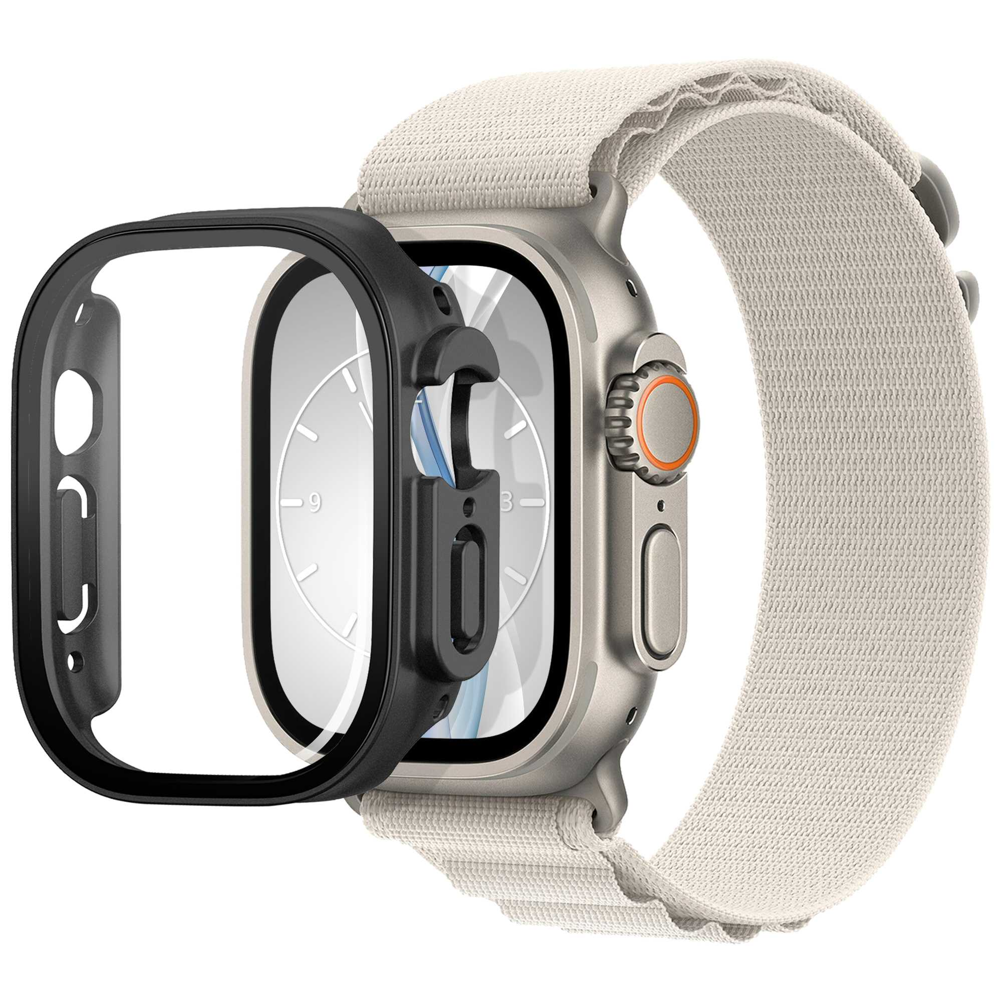 Apple Watch Ultra mit schwarzem Gehäuse und weißem Stoffarmband.