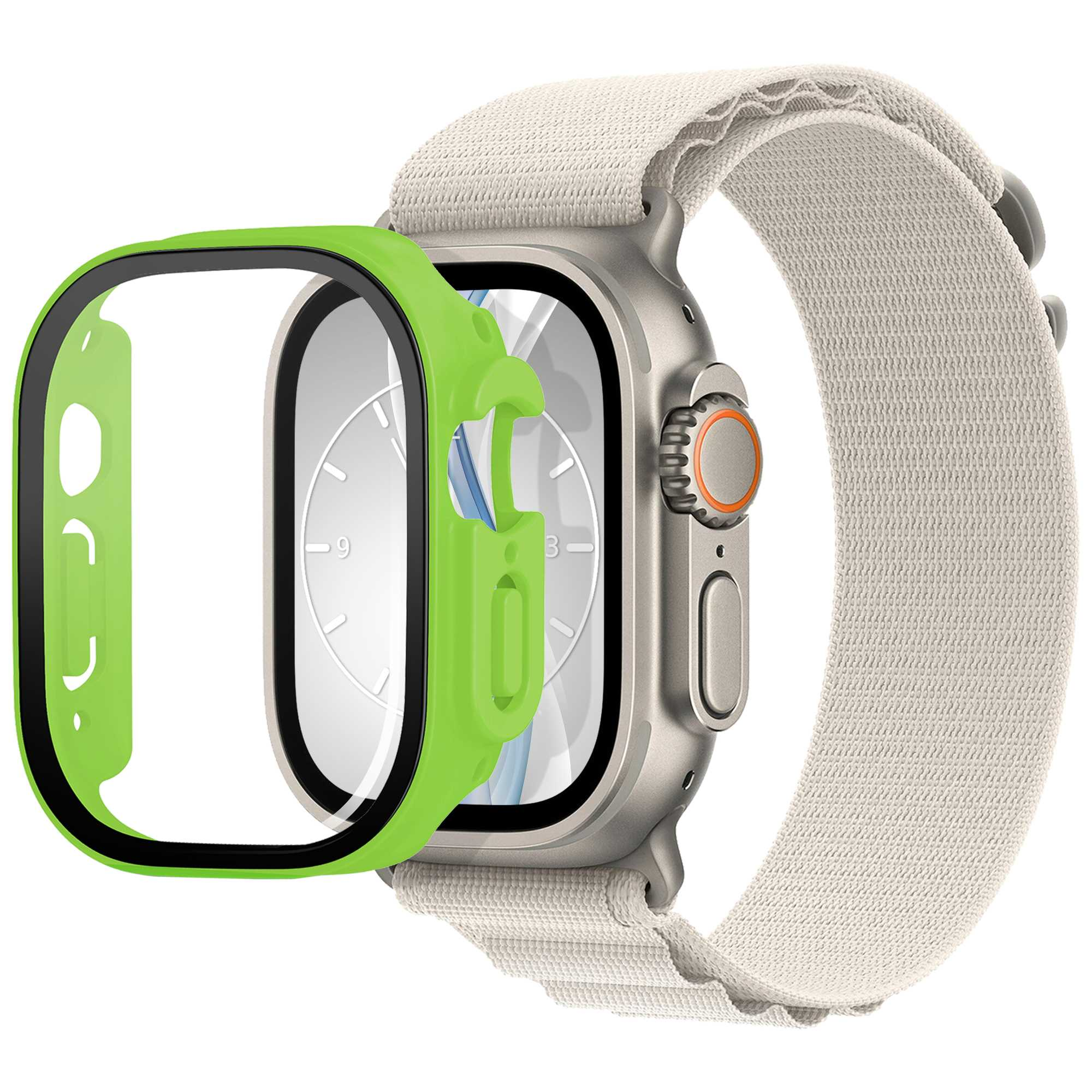 Silberne Apple Watch mit grünem Gehäuse. Beiges Armband. Das Gehäuse befindet sich links.