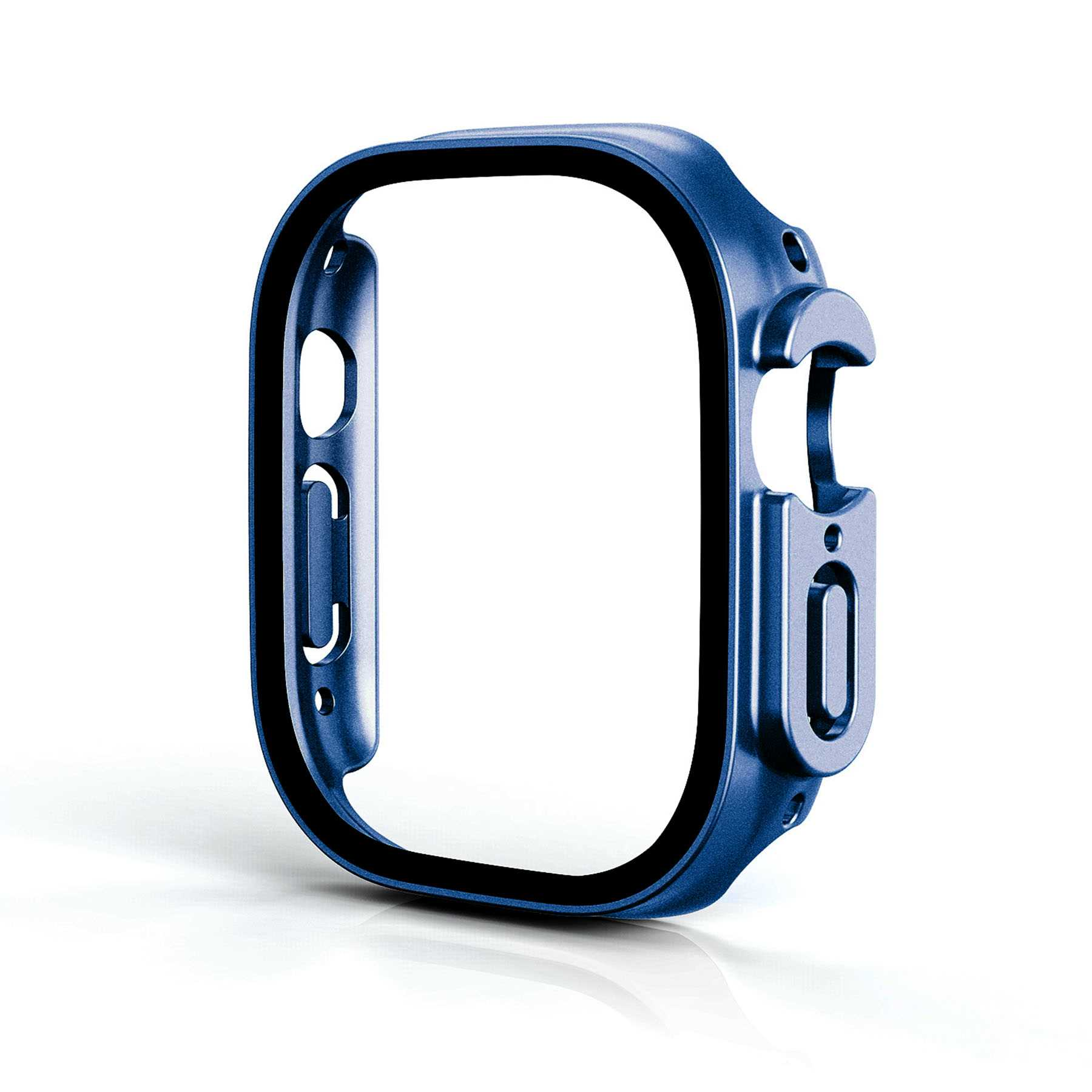Eine blaue Apple Watch-Hülle mit schwarzem Rand. Die Hülle umgibt den Bildschirm der Uhr.