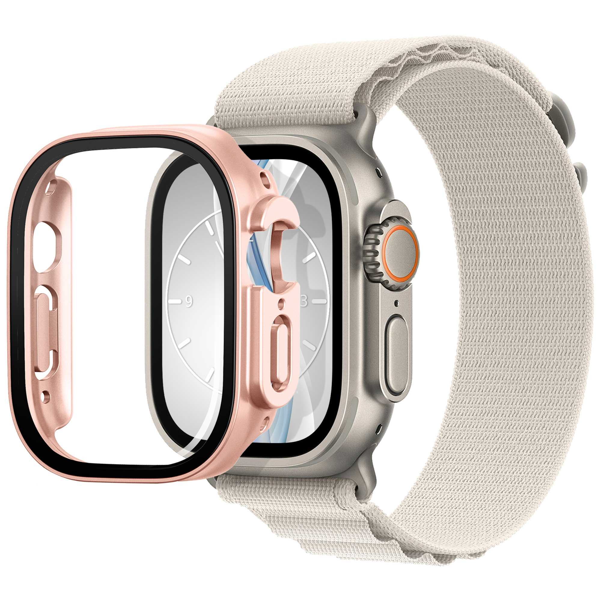 Roségoldfarbenes Smartwatch-Gehäuse und Armband. Die Uhr ist silberfarben mit einem beigefarbenen Stoffarmband.