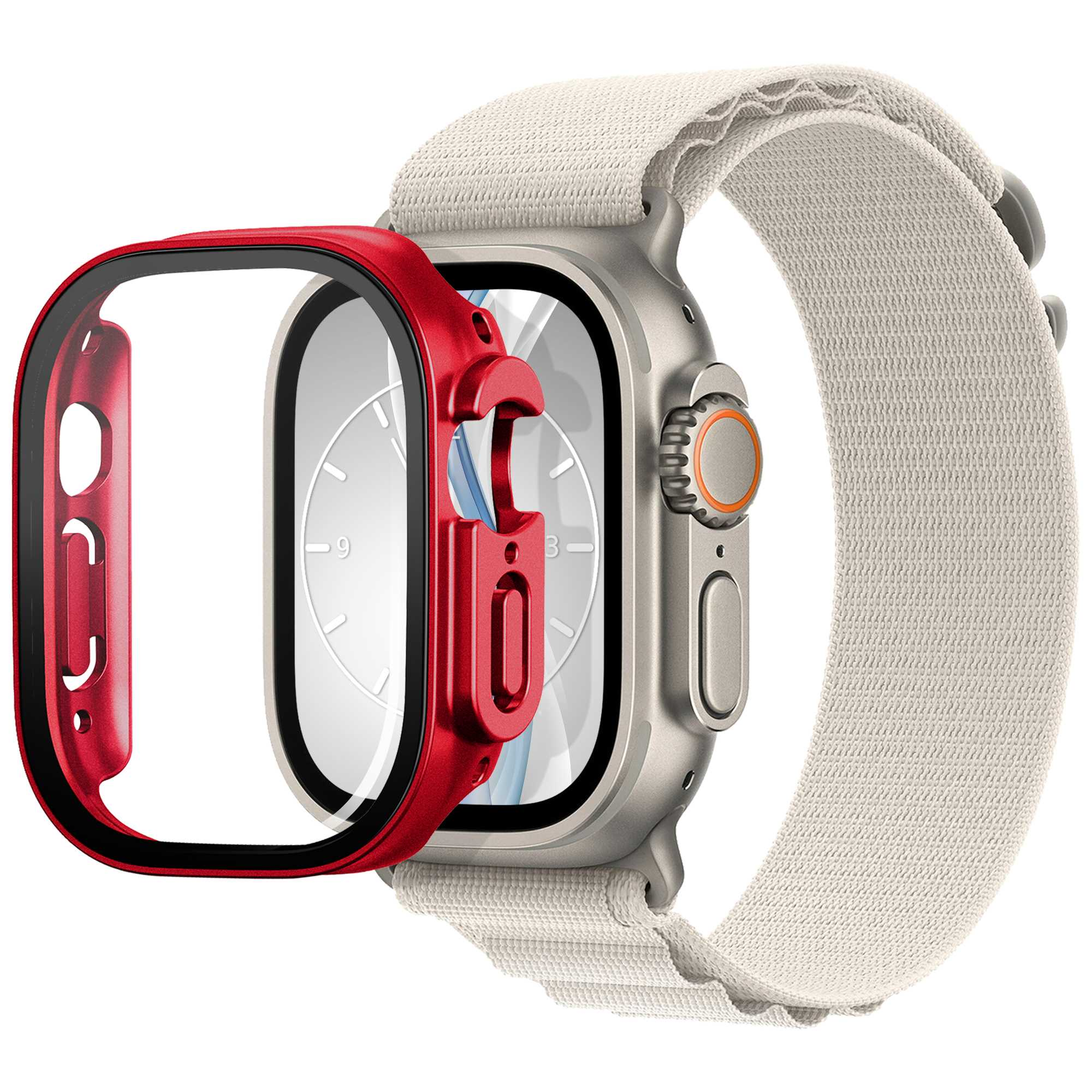 Smartwatch mit rotem Lünettenschutz und beigem Armband auf weißem Hintergrund.