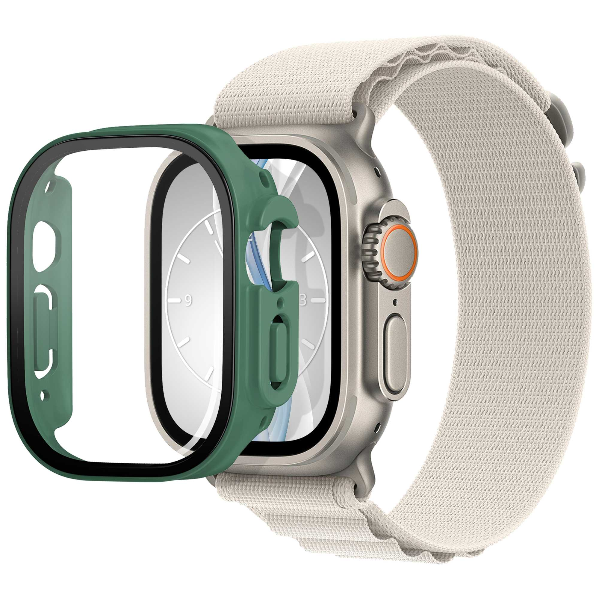 Grüne Uhrenabdeckung auf einer silbernen Uhr mit cremefarbenem Armband. Das Band ist befestigt.