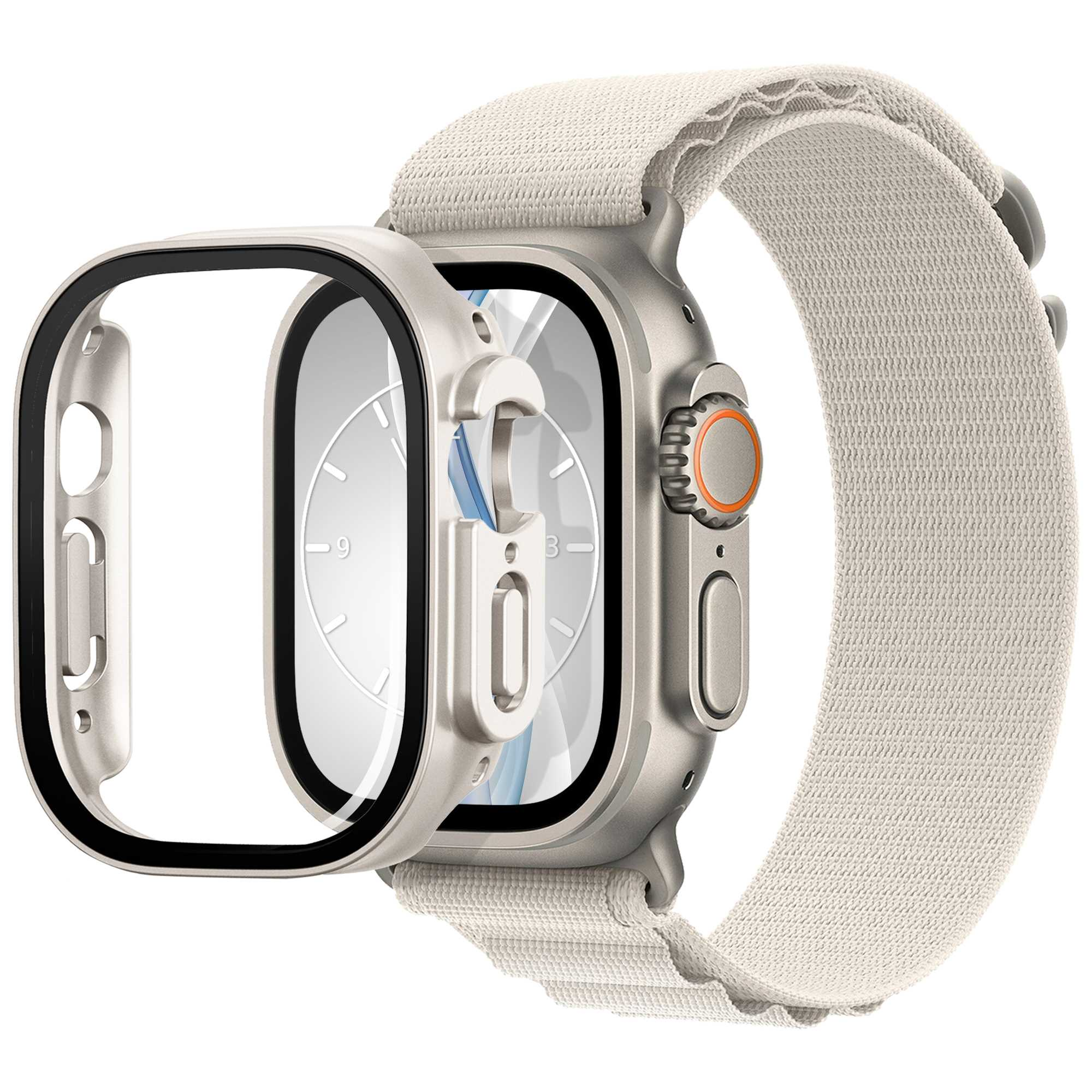 Silberne Apple Watch mit weißem Armband. Das Zifferblatt ist sichtbar und zeigt die Uhrzeit.