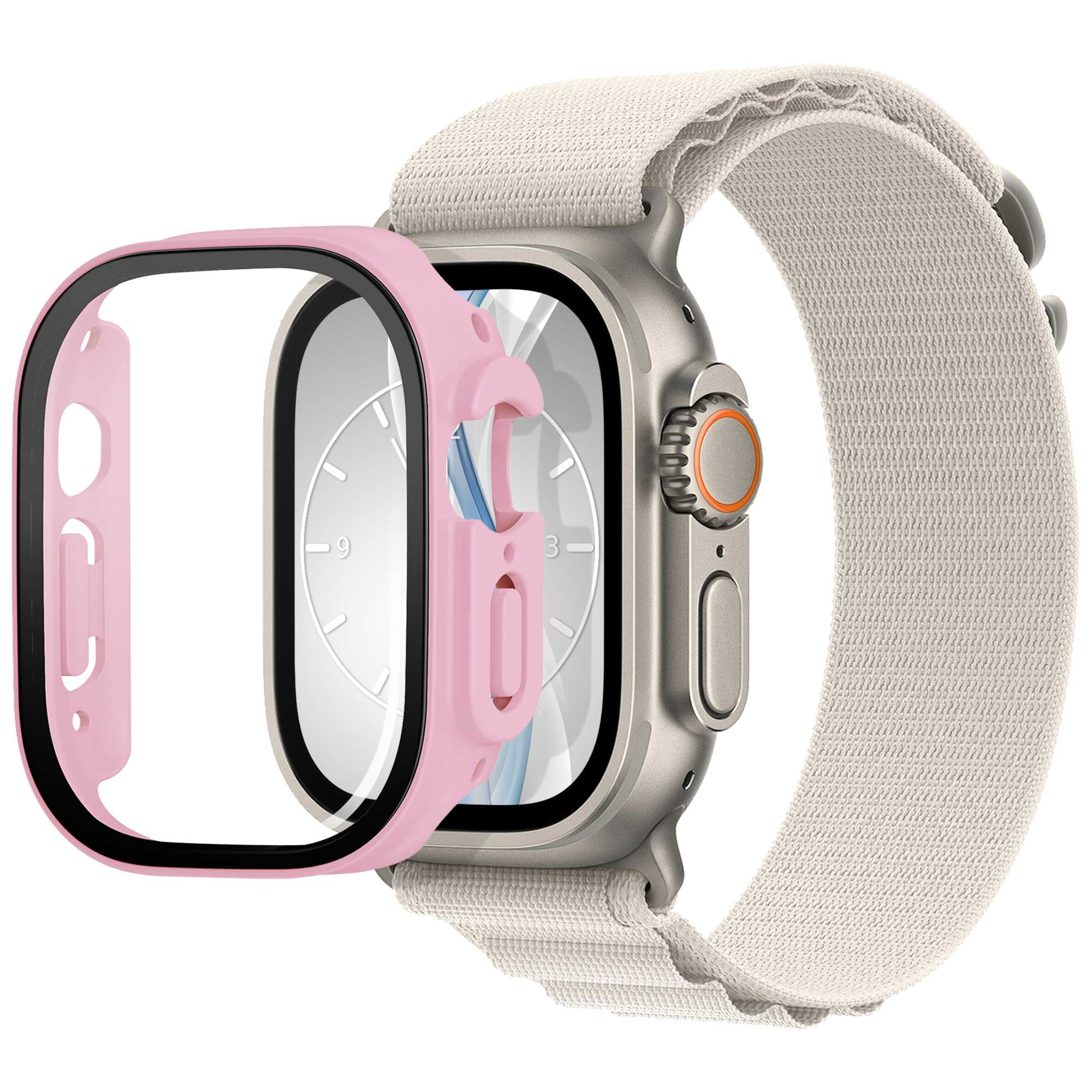 Silberne Smartwatch mit pinkfarbenem Gehäuse. Das Armband ist cremefarben.
