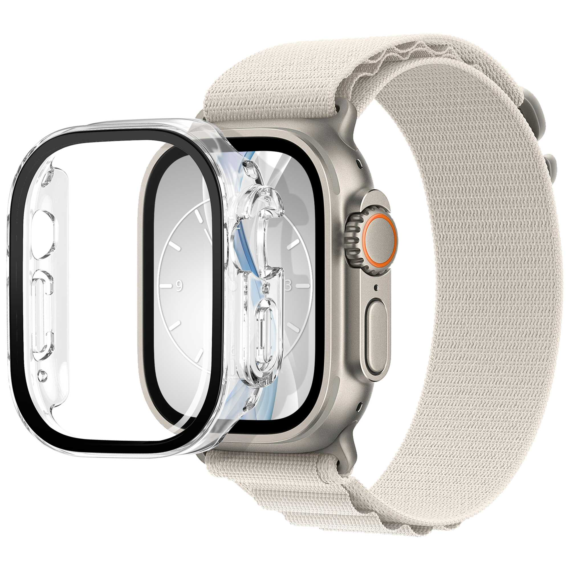 Eine Smartwatch an einem weißen Armband, mit einer transparenten Hülle, die das Zifferblatt bedeckt.