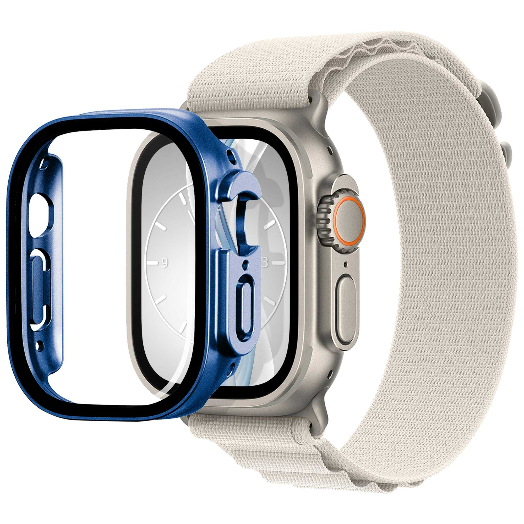 Eine silberne Smartwatch mit blauem Schutzgehäuse und weißem Armband. Die Uhr zeigt ihren Bildschirm.