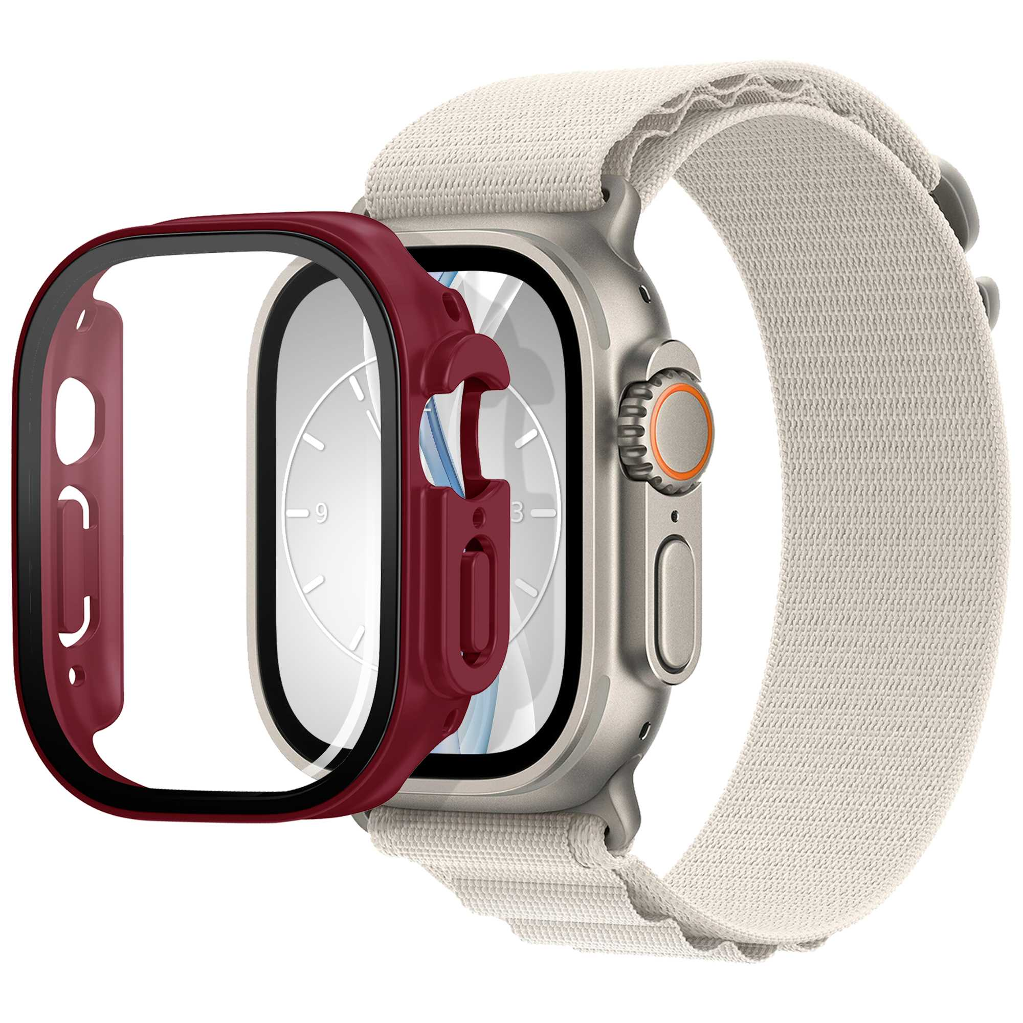 Eine Smartwatch mit einem rot umrandeten Gehäuse und einem beigefarbenen Stoffarmband.