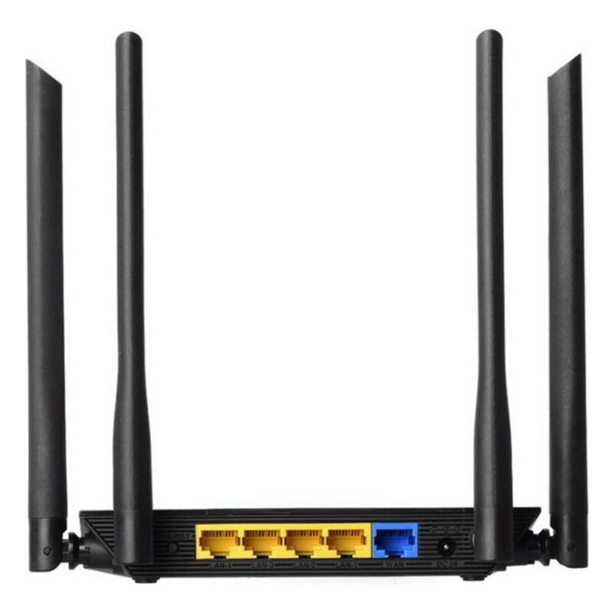 Router nero con quattro antenne. Le porte sono gialle e blu. Base nera.