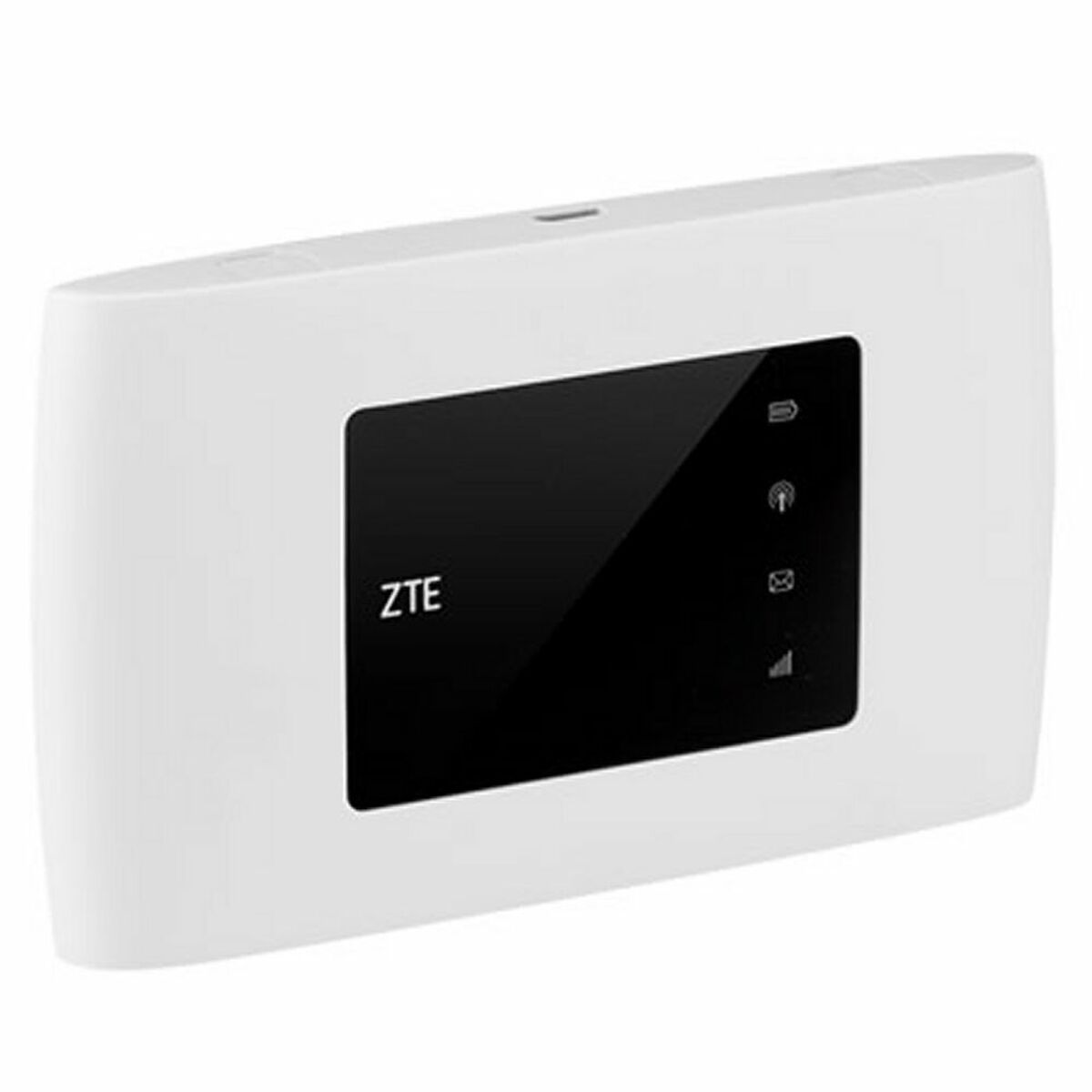 Un router wireless ZTE bianco. Ha uno schermo nero e spie luminose.