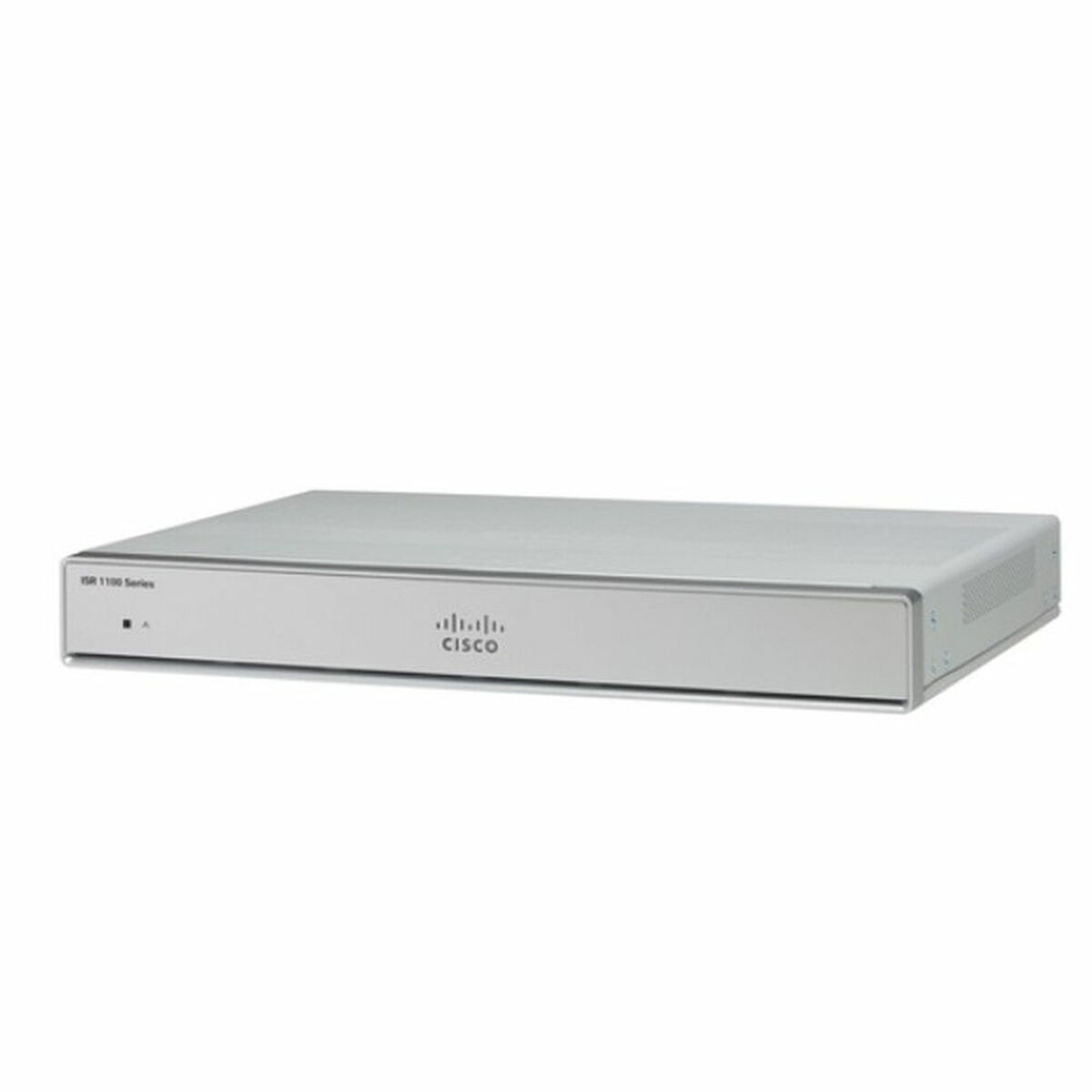 Router plateado sobre fondo blanco. Logo de Cisco.