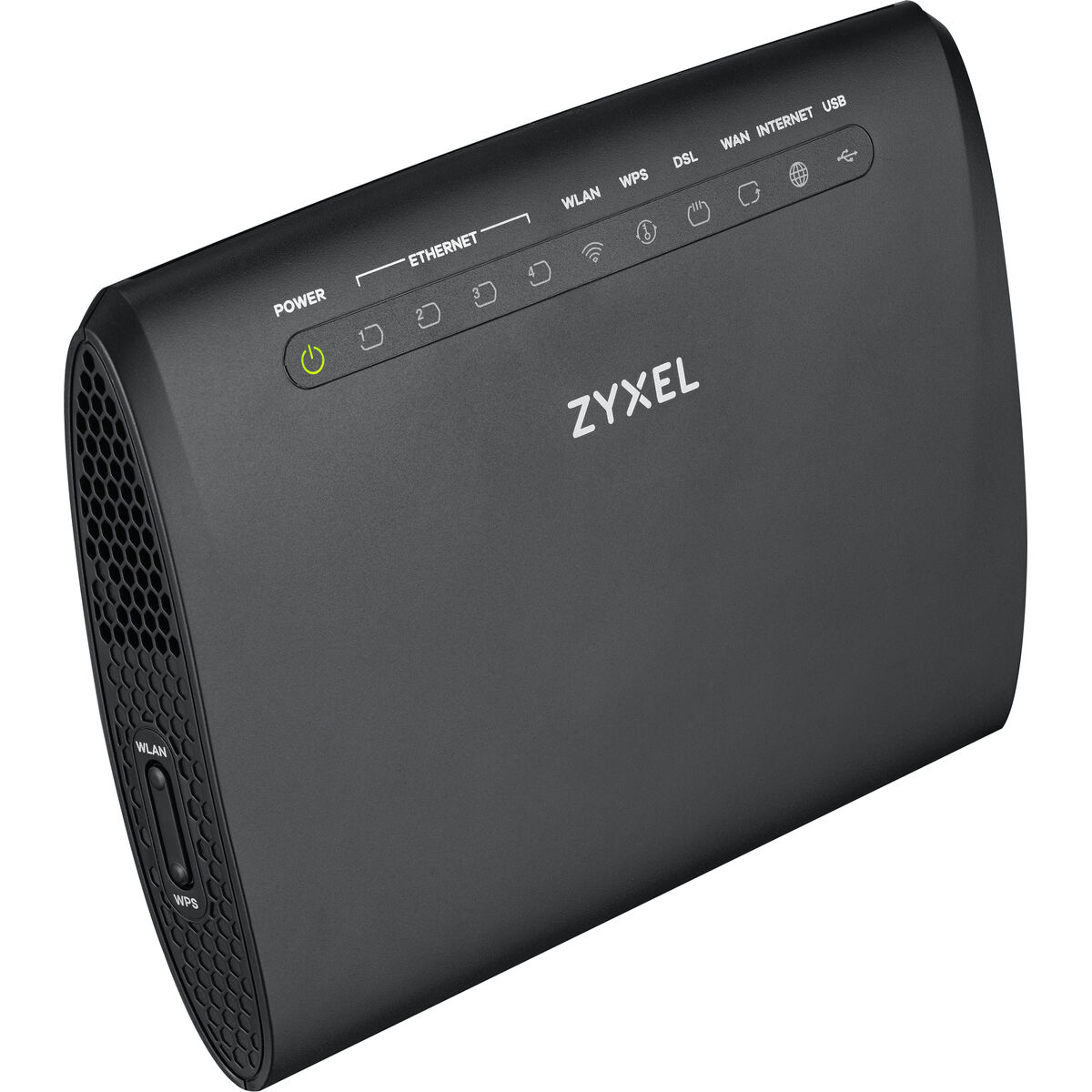 Router Zyxel negro con puertos de alimentación, Ethernet, WLAN, WPS, DSL, WAN, internet y USB.