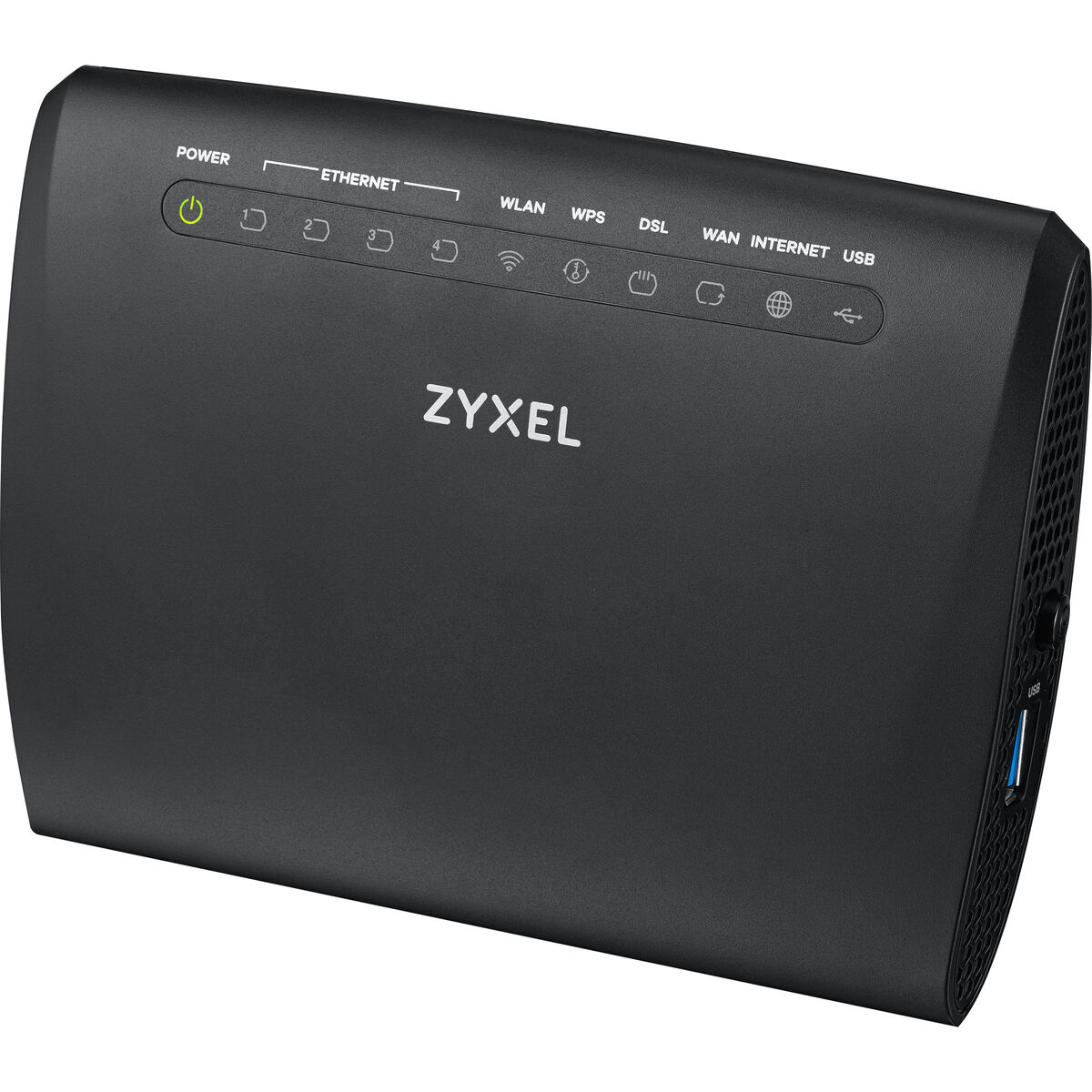 Enrutador negro con el logo de ZyXEL. Tiene varias luces y puertos para conexiones a Internet.