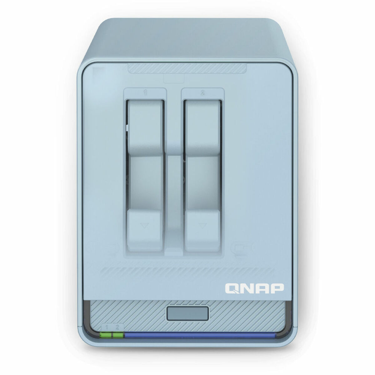 Una carcasa de disco duro externa azul claro con dos bahías y el logotipo de QNAP.