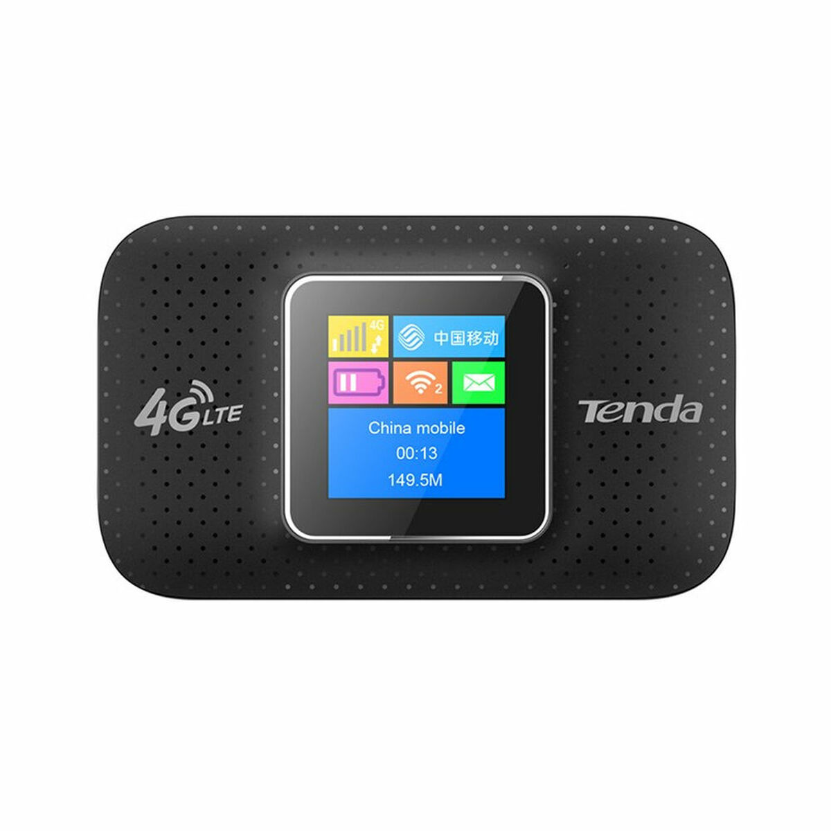 Schwarzer 4G LTE mobiler Wi-Fi Router mit Bildschirm. Der Bildschirm zeigt Konnektivität und Datennutzung.