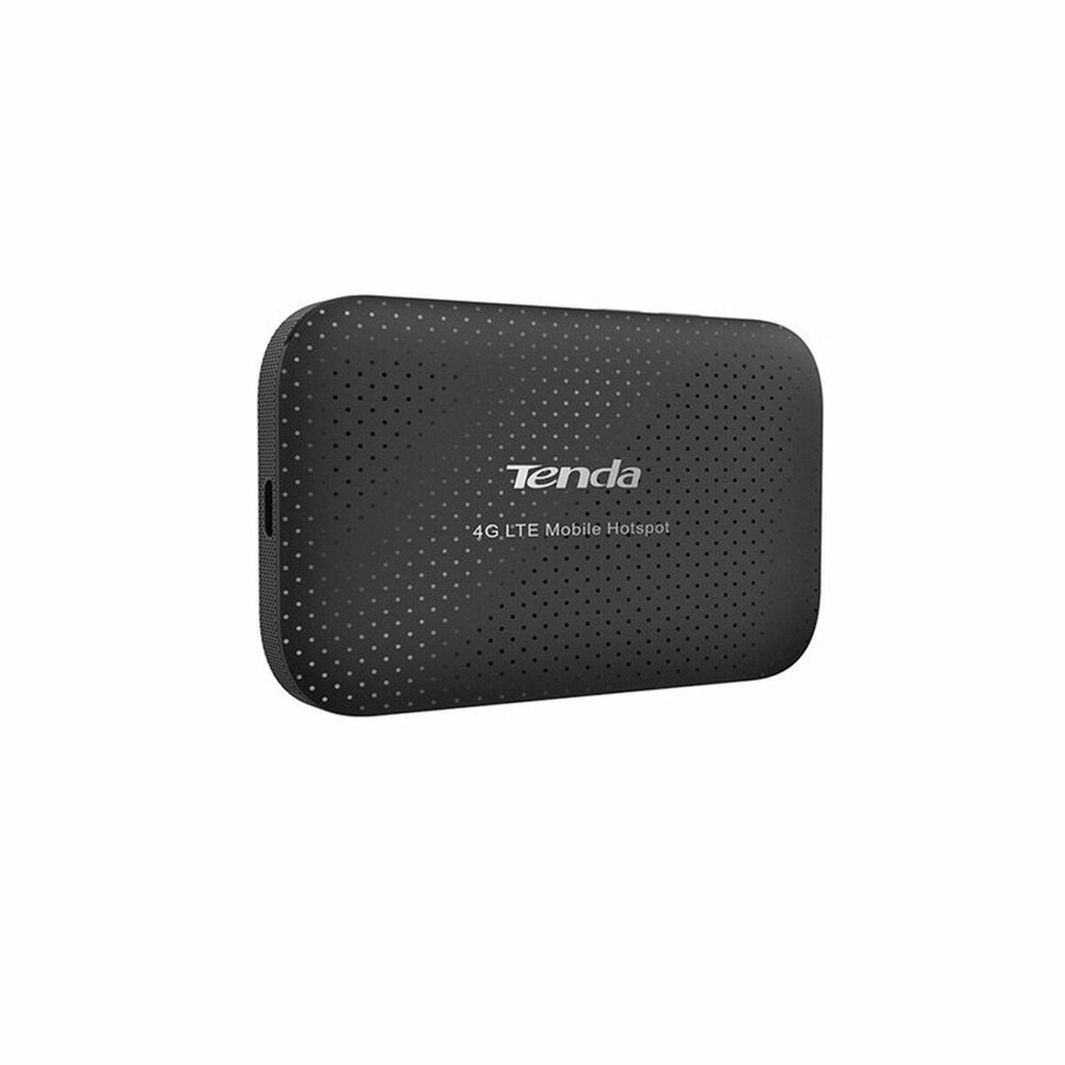 Schwarzer Tenda 4G LTE Mobile Hotspot. Das Gerät hat ein gepunktetes Muster und das Tenda-Logo.