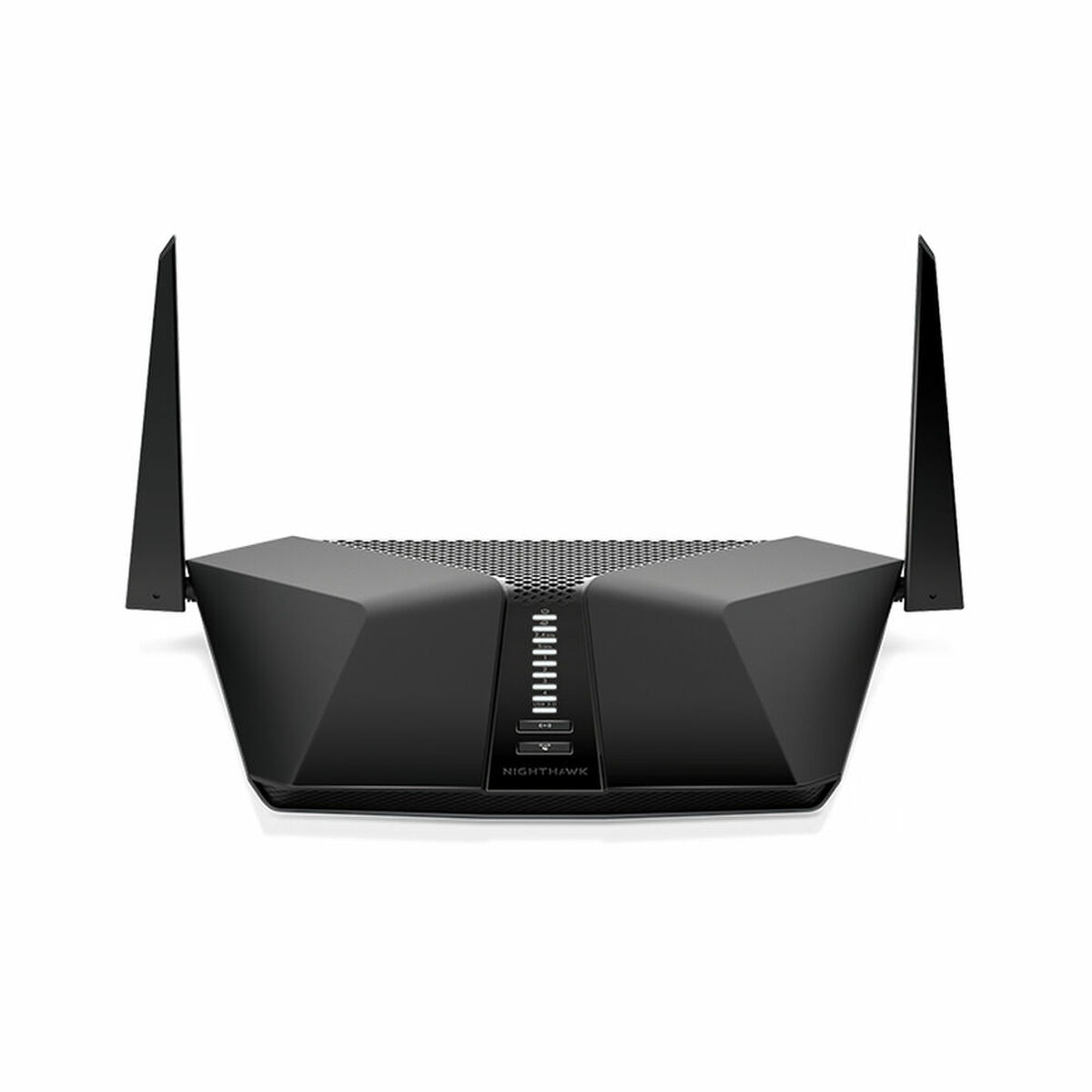 Czarny router z dwiema antenami. Ma wiele świateł i widoczna jest nazwa marki "Nighthawk".