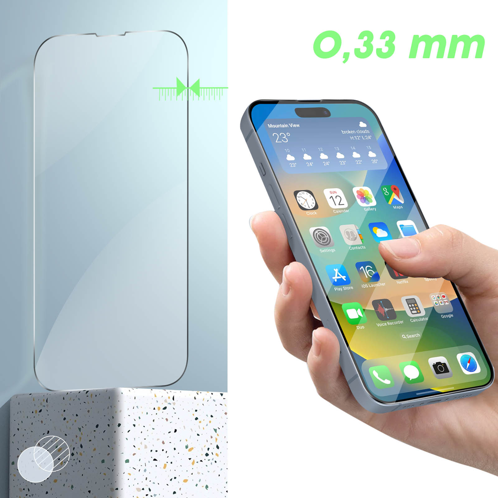 Un téléphone avec un protecteur d'écran à côté d'un protecteur. Le téléphone affiche des applications météo.