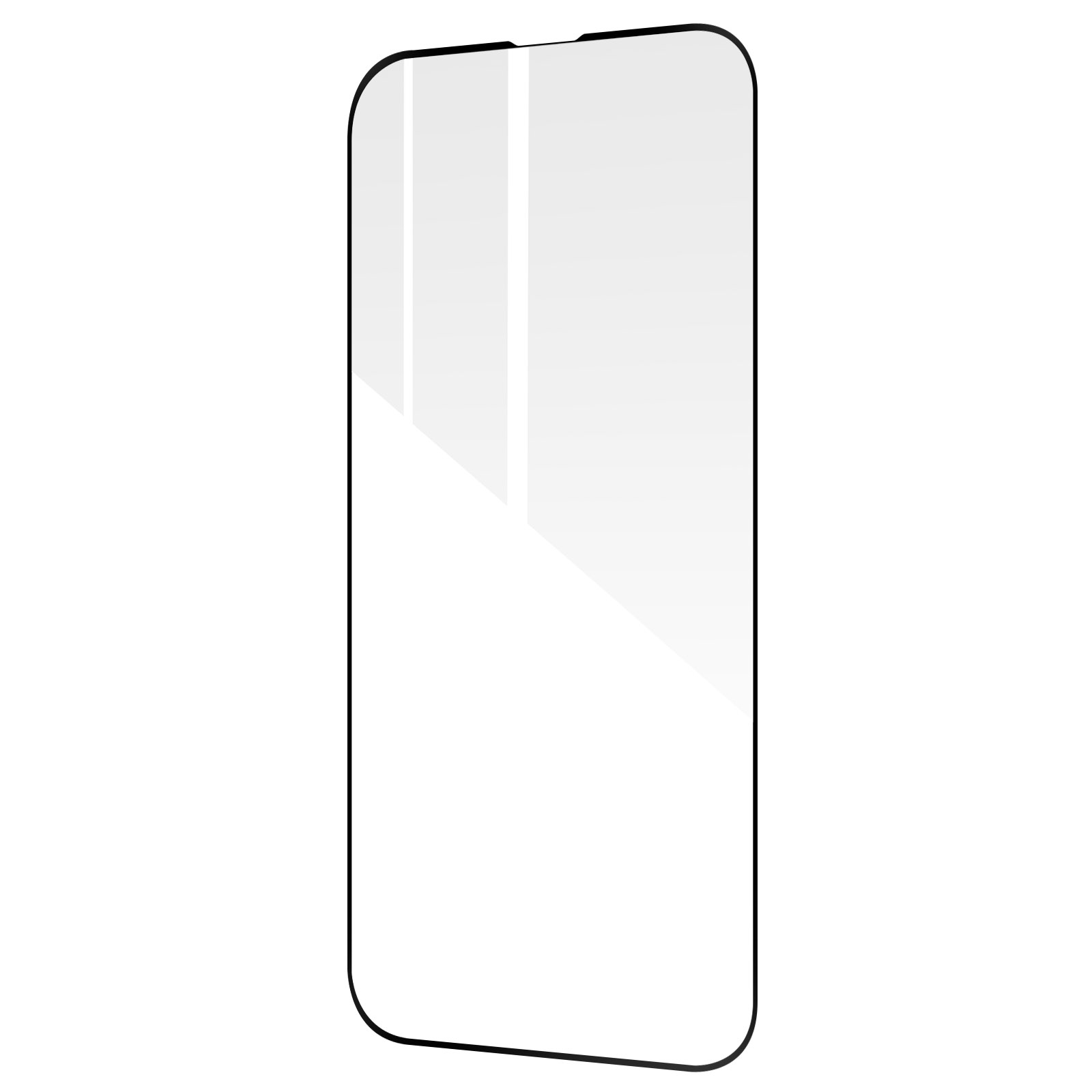Clear screen protector for a phone, rectangular shape with rounded corners.