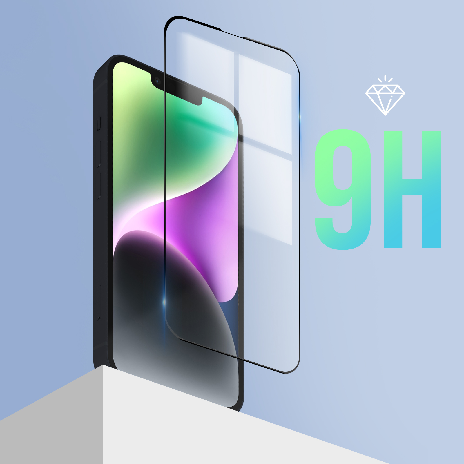 A black smartphone with a screen protector. The background is light blue with a diamond symbol.