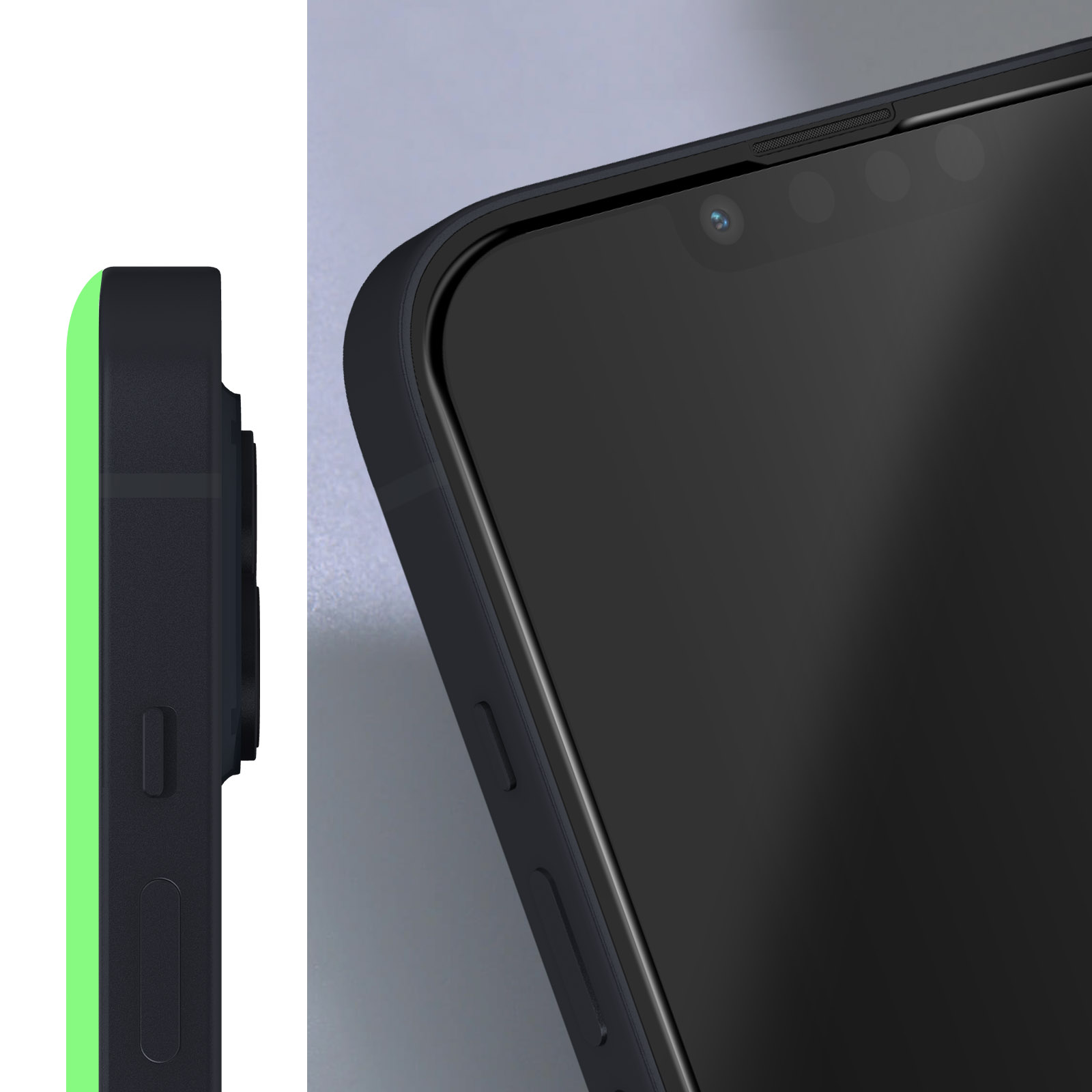 A close-up of a black phone case with a green side and a black screen protector.