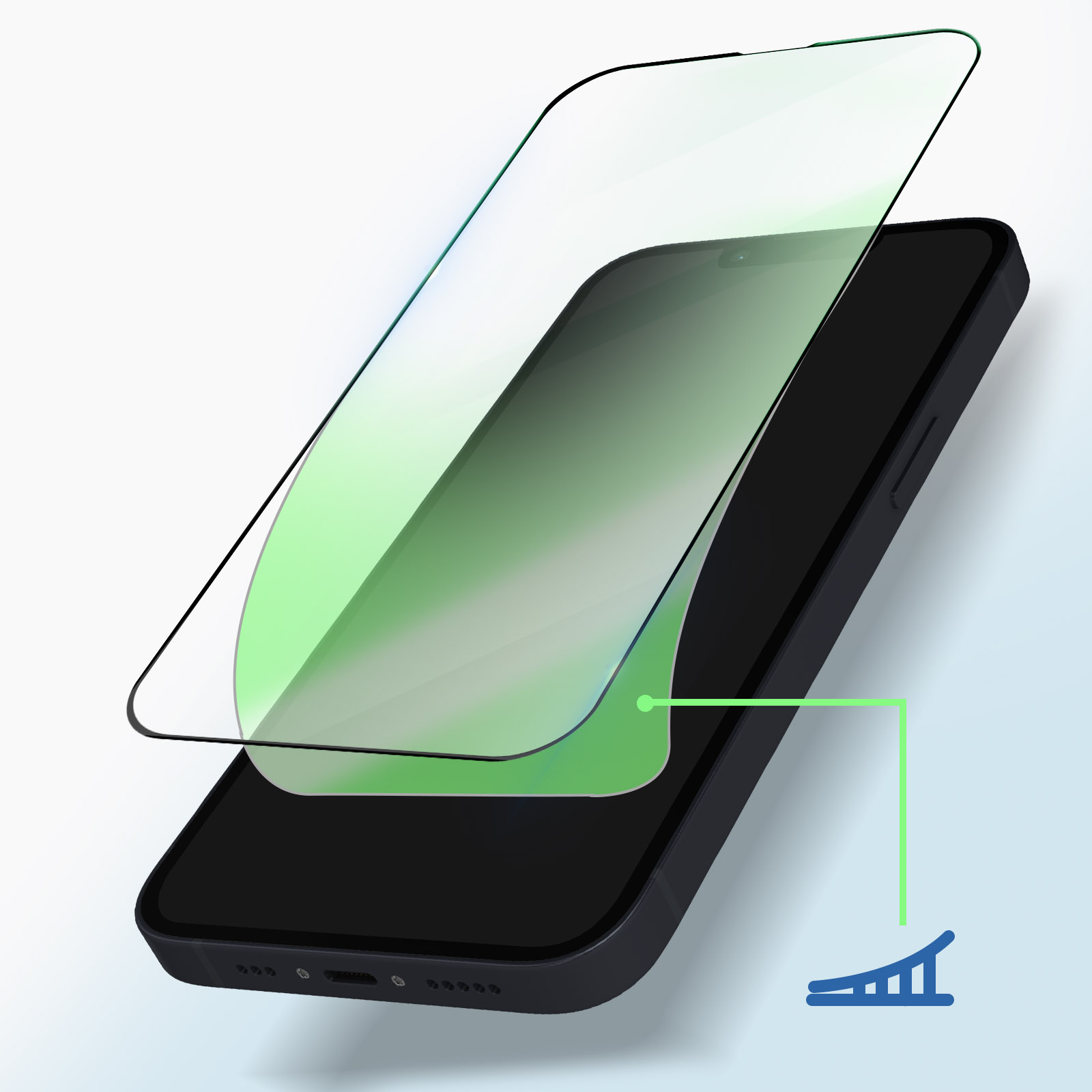 Phone with screen protector. The protector is partially transparent, floating above the phone.