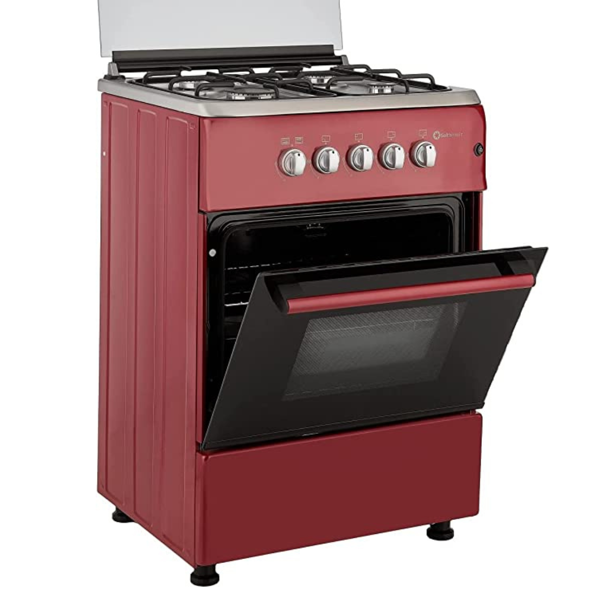 Estufa roja de estilo retro con puerta del horno abierta. Tapa de acero inoxidable. Fondo blanco.