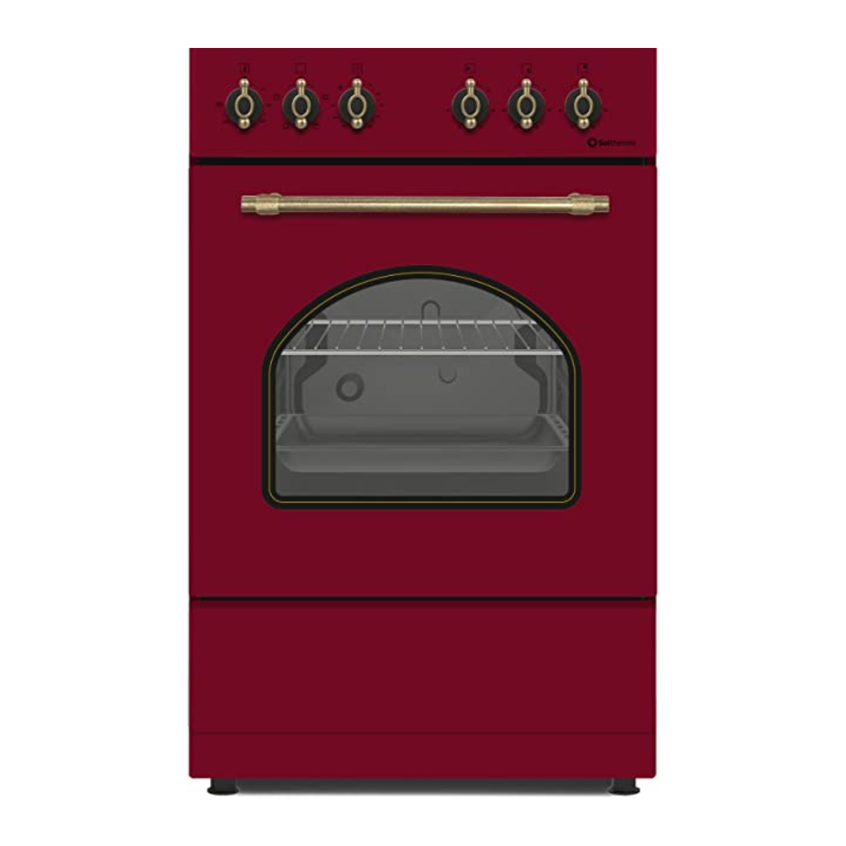 Horno rojo con perillas doradas y puerta de vidrio. Fondo blanco.