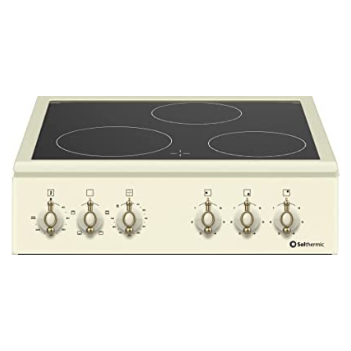 Encimera eléctrica color crema con cuatro quemadores y perillas.