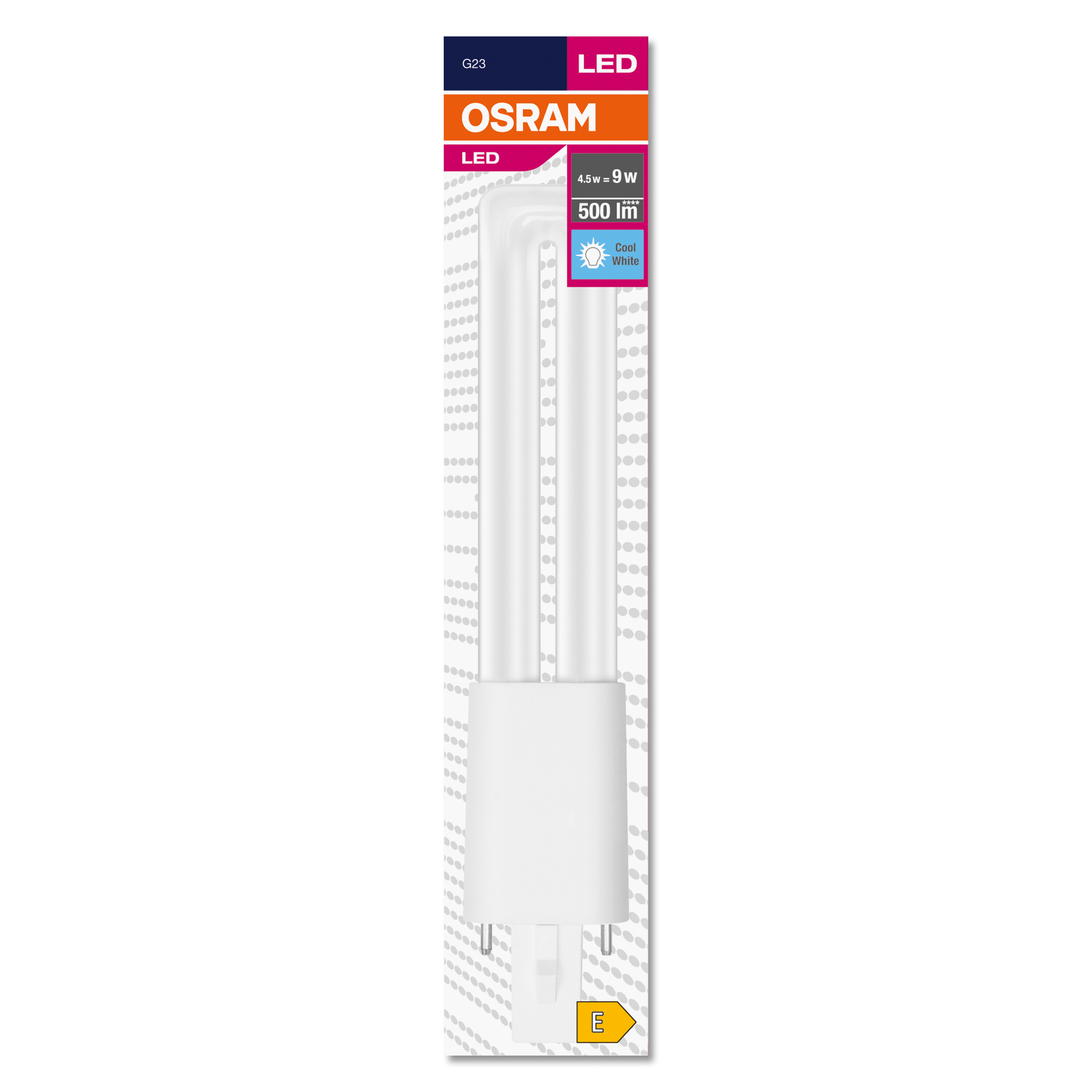OSRAM G23 LED-Glühbirnenverpackung. Weiße und orangefarbene Verpackung.