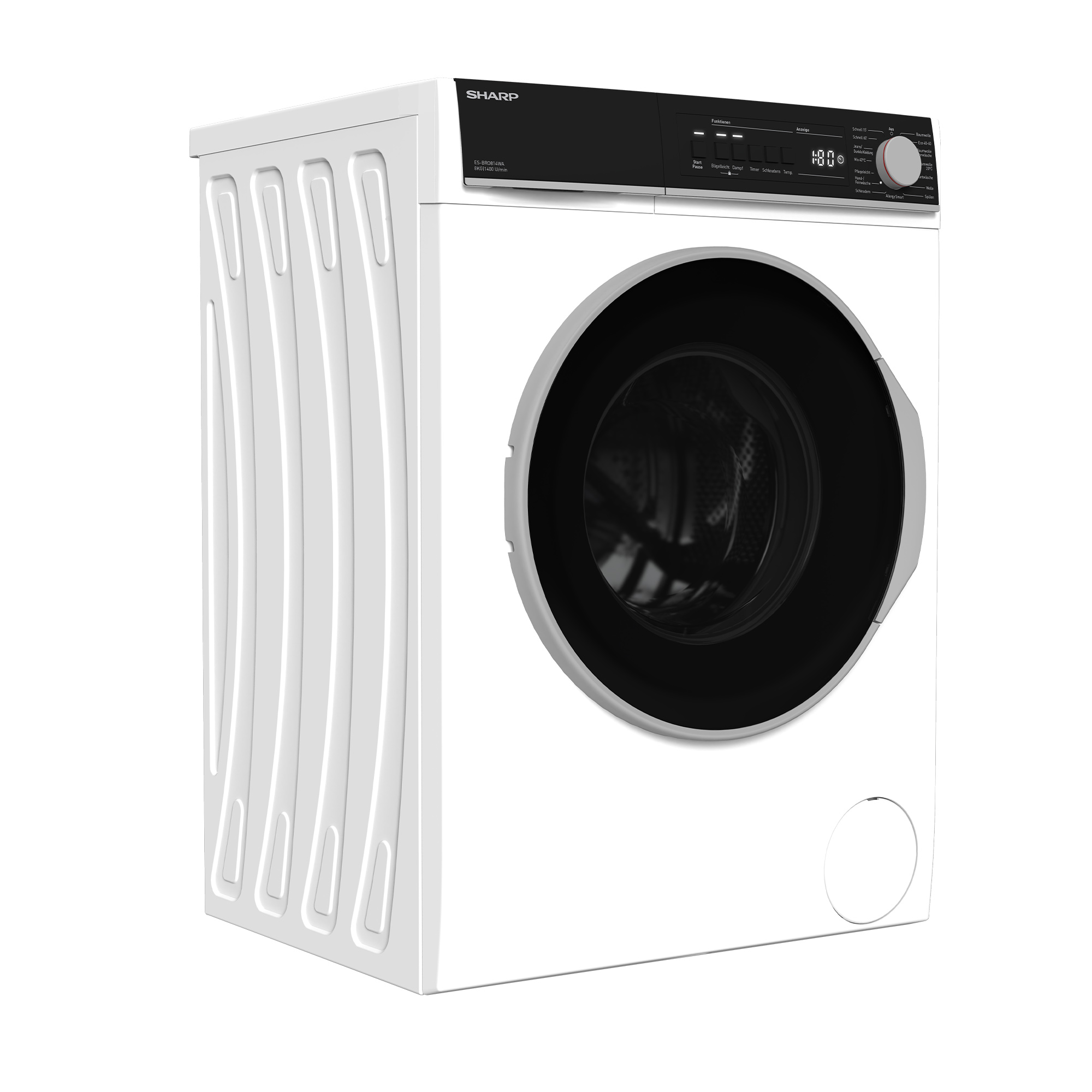 Weiße Sharp Waschmaschine, Vorderansicht, mit schwarzem Bedienfeld und kreisförmiger Tür.