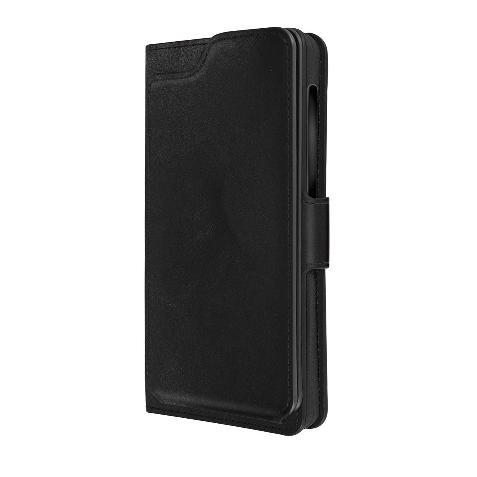 Custodia per telefono nera, chiusa, con chiusura magnetica. Sfondo bianco.