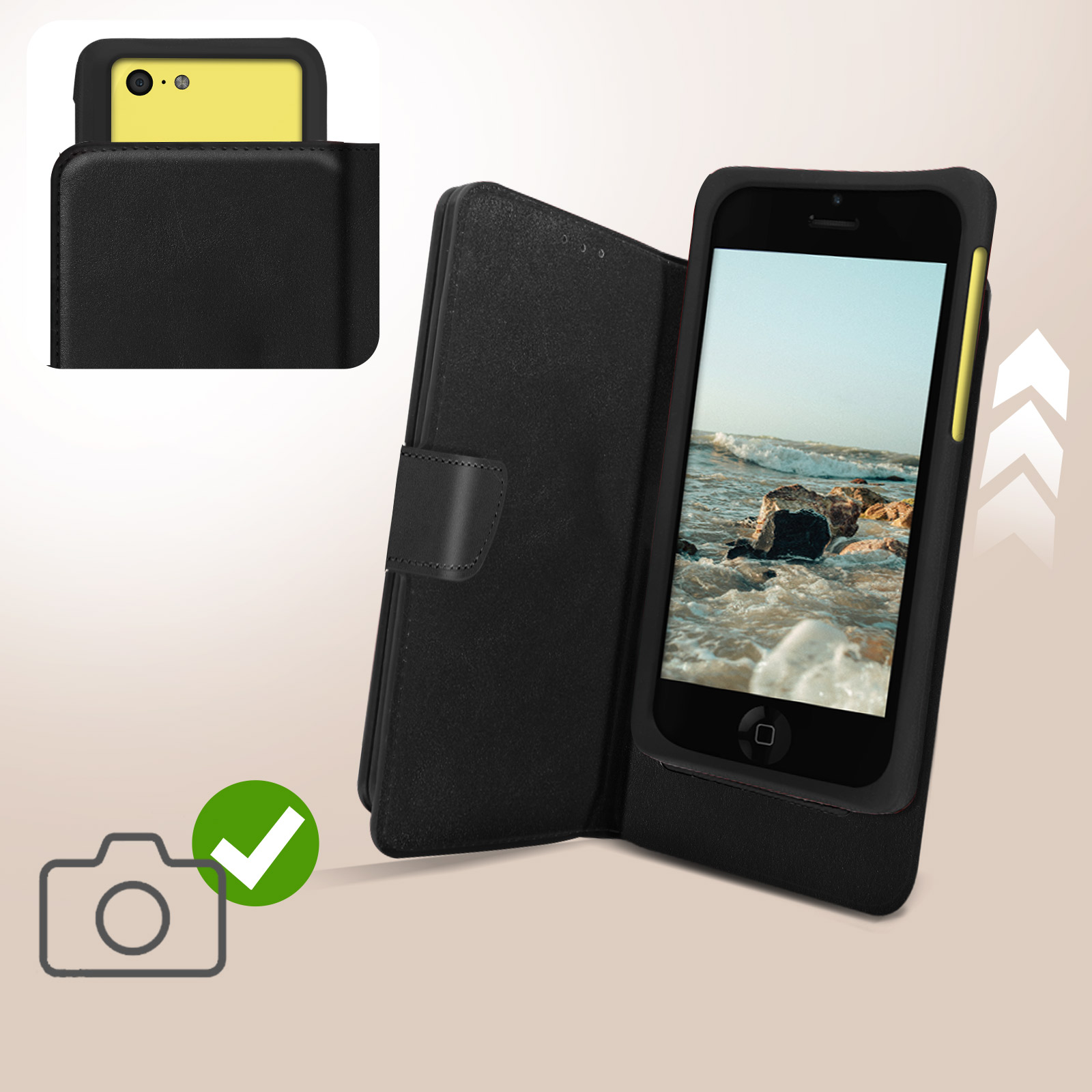 Custodia nera, telefono mostra spiaggia, icona fotocamera.