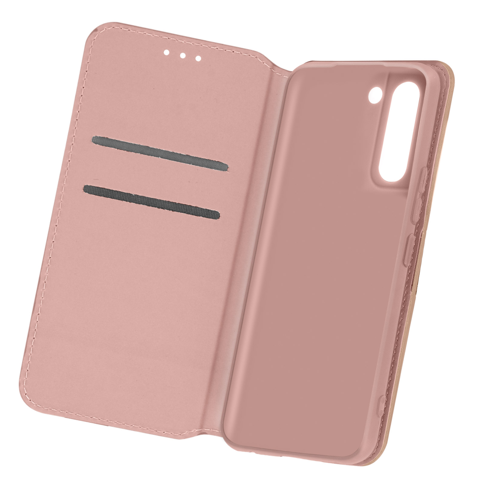Custodia rosa per telefono, aperta, con fessure per carte e l'interno del telefono.