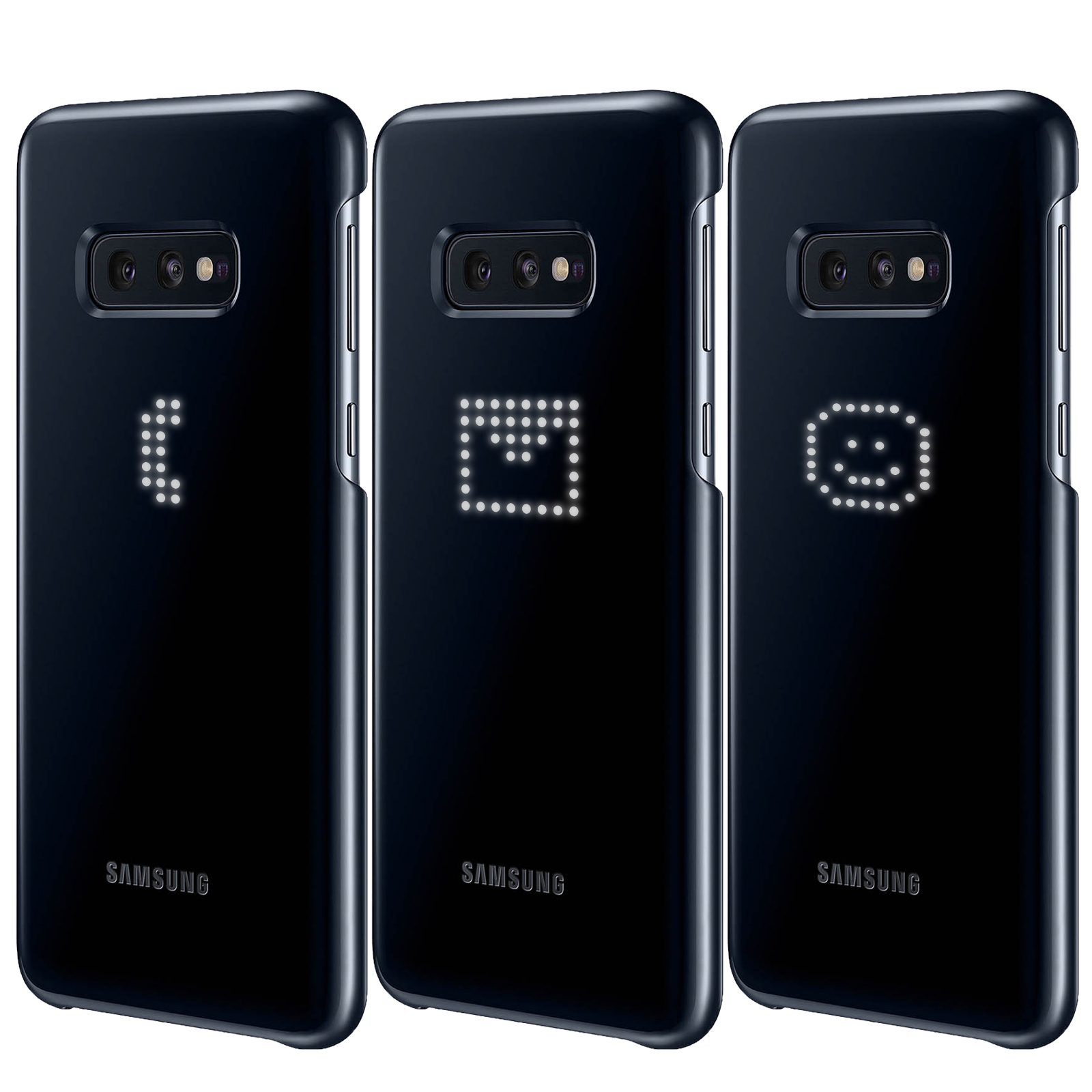 Tres fundas de teléfono negras con patrones similares a emojis hechos de puntos. Logotipo de Samsung.