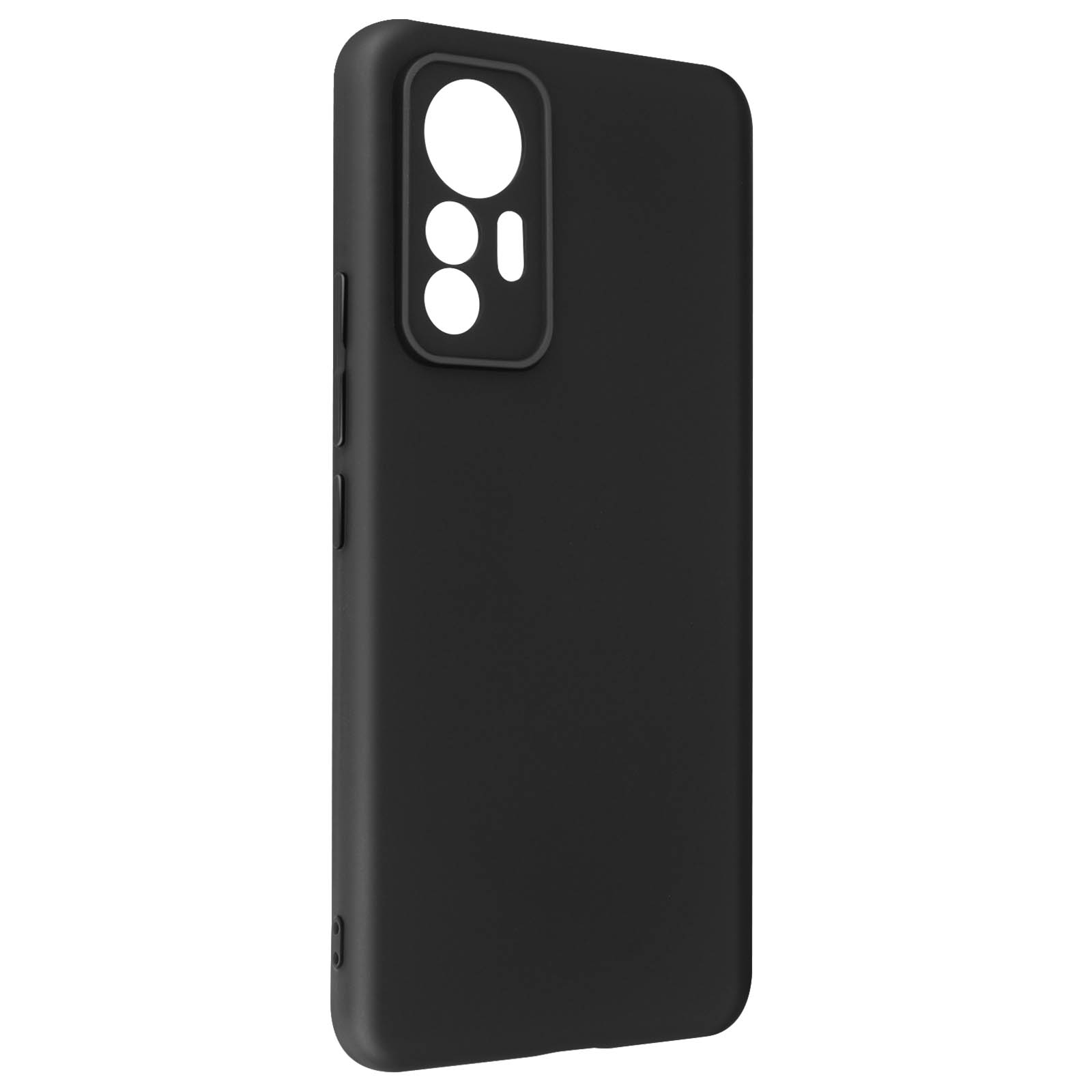 Schwarze Handyhülle mit Aussparungen für Kamera und Knöpfe. Es ist ein schlichtes Design.